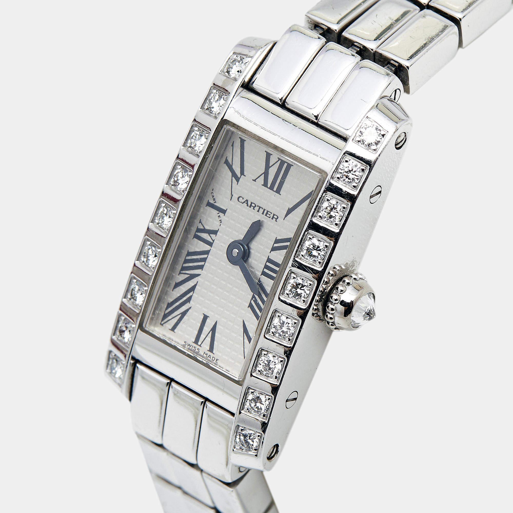 Cartier Silver 18K White Gold Diamond Lanieres Tank Allongee 2544 Women's Wristw 6