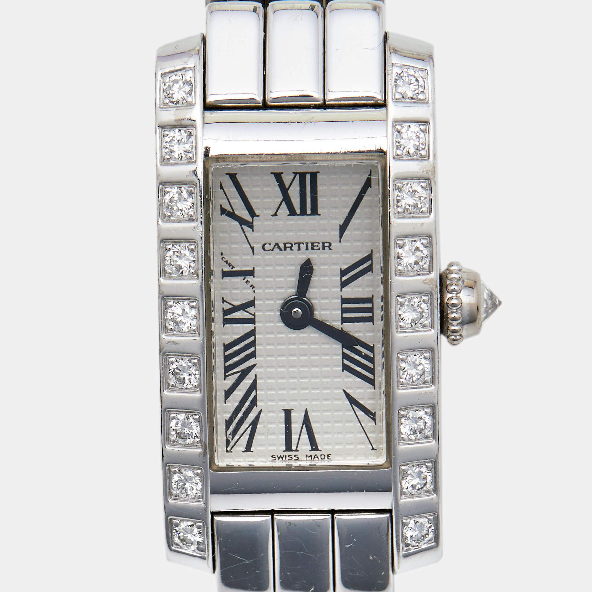 Cartier Silver 18K White Gold Diamond Lanieres Tank Allongee 2544 Women's Wristw 5