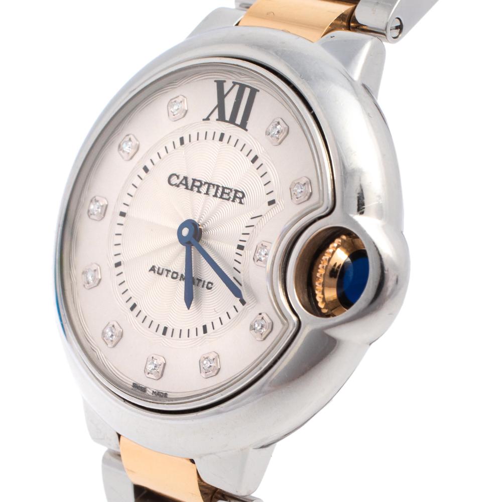 Contemporary Cartier Silver 18K Yellow Gold Ballon Bleu Women's Wristwatch 33 mm