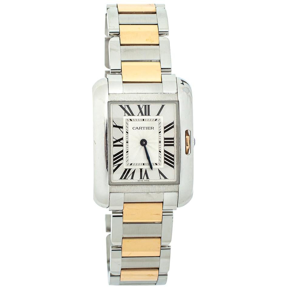 Cartier Silver 18K Yellow Gold Tank Anglaise 3704 Women's Wristwatch 26 mm