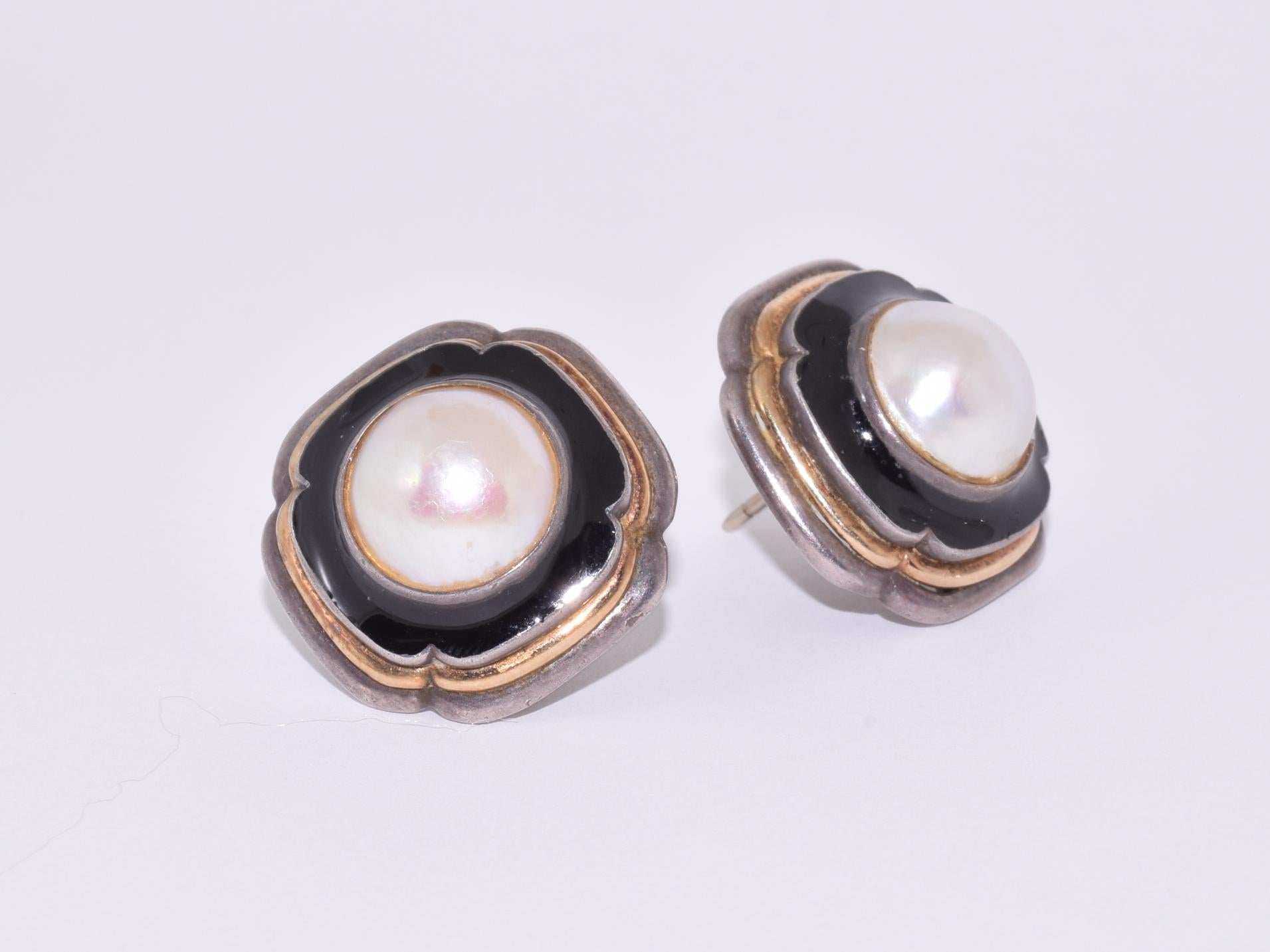 Retro Cartier Silver, Black Enamel and Mabe Pearl Earrings, circa 1940s