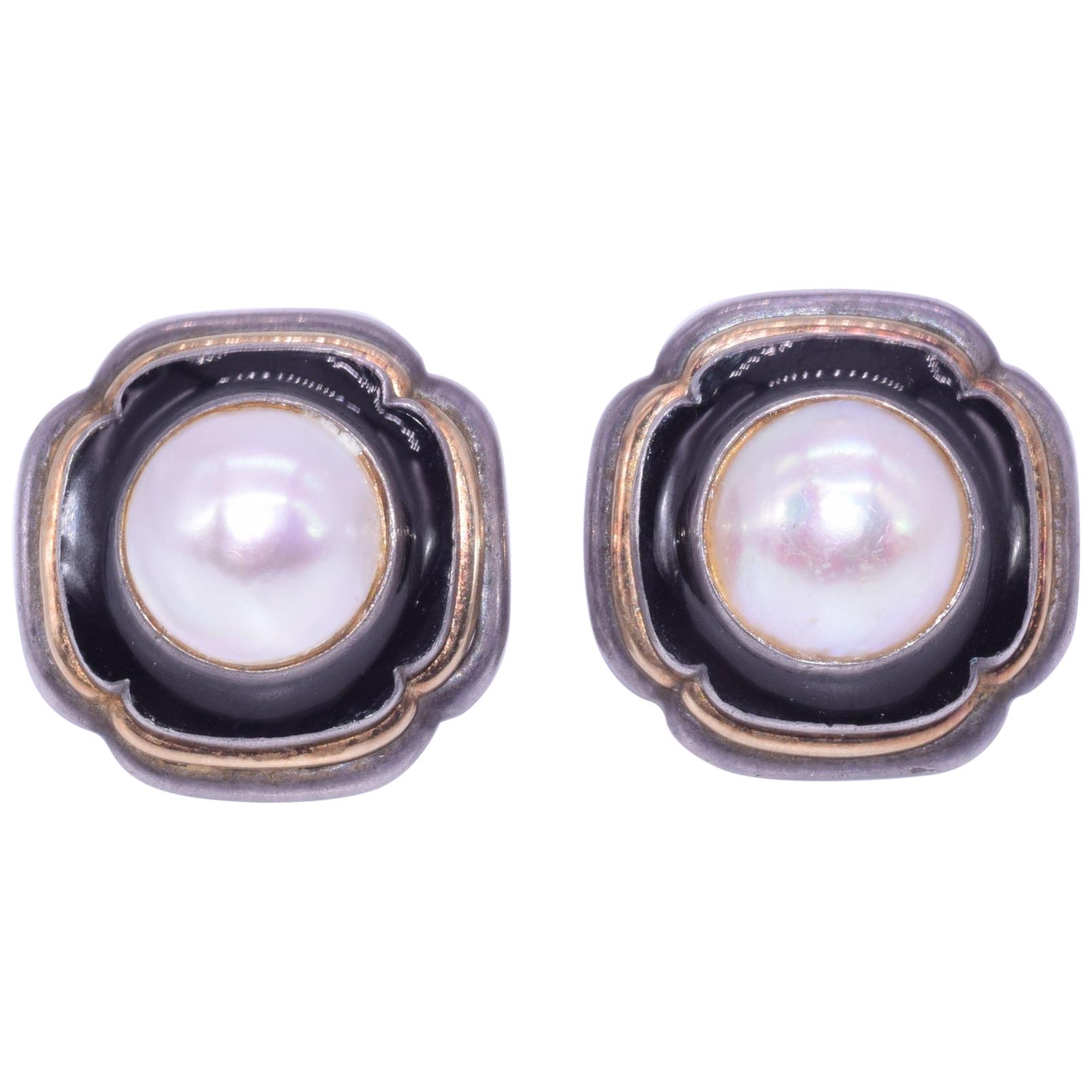 Cartier Silver, Black Enamel and Mabe Pearl Earrings, circa 1940s