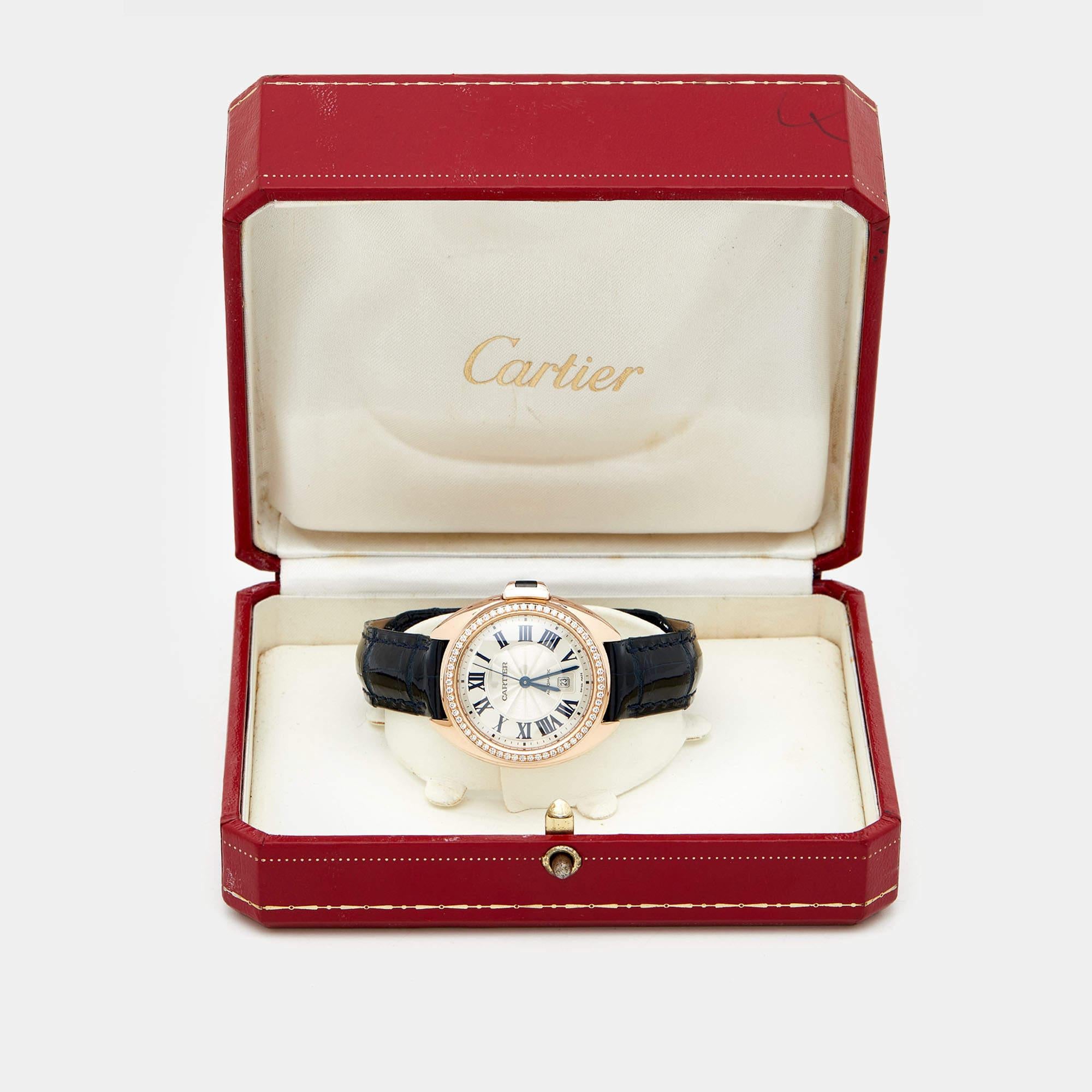 Cartier Silver Diamond 18K Rose Gold Alligator Leather Women's Wristwatch 31 mm 6