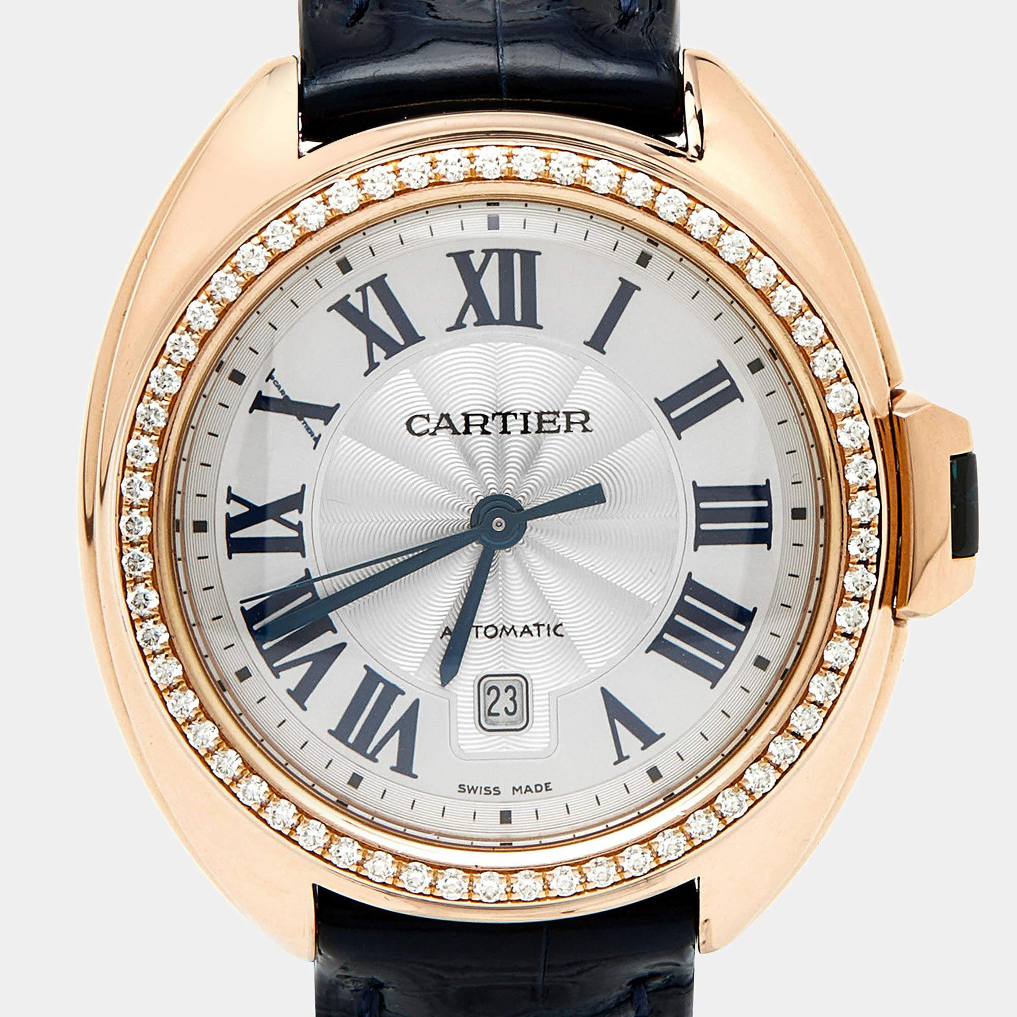 Cartier Silver Diamond 18K Rose Gold Alligator Leather Women's Wristwatch 31 mm 2