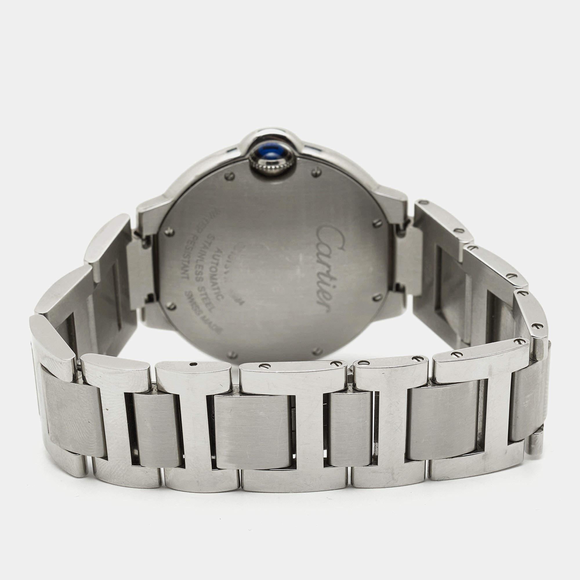 Contemporary Cartier Silver Diamond Stainless Steel Ballon Bleu Women's Wristwatch 36 mm