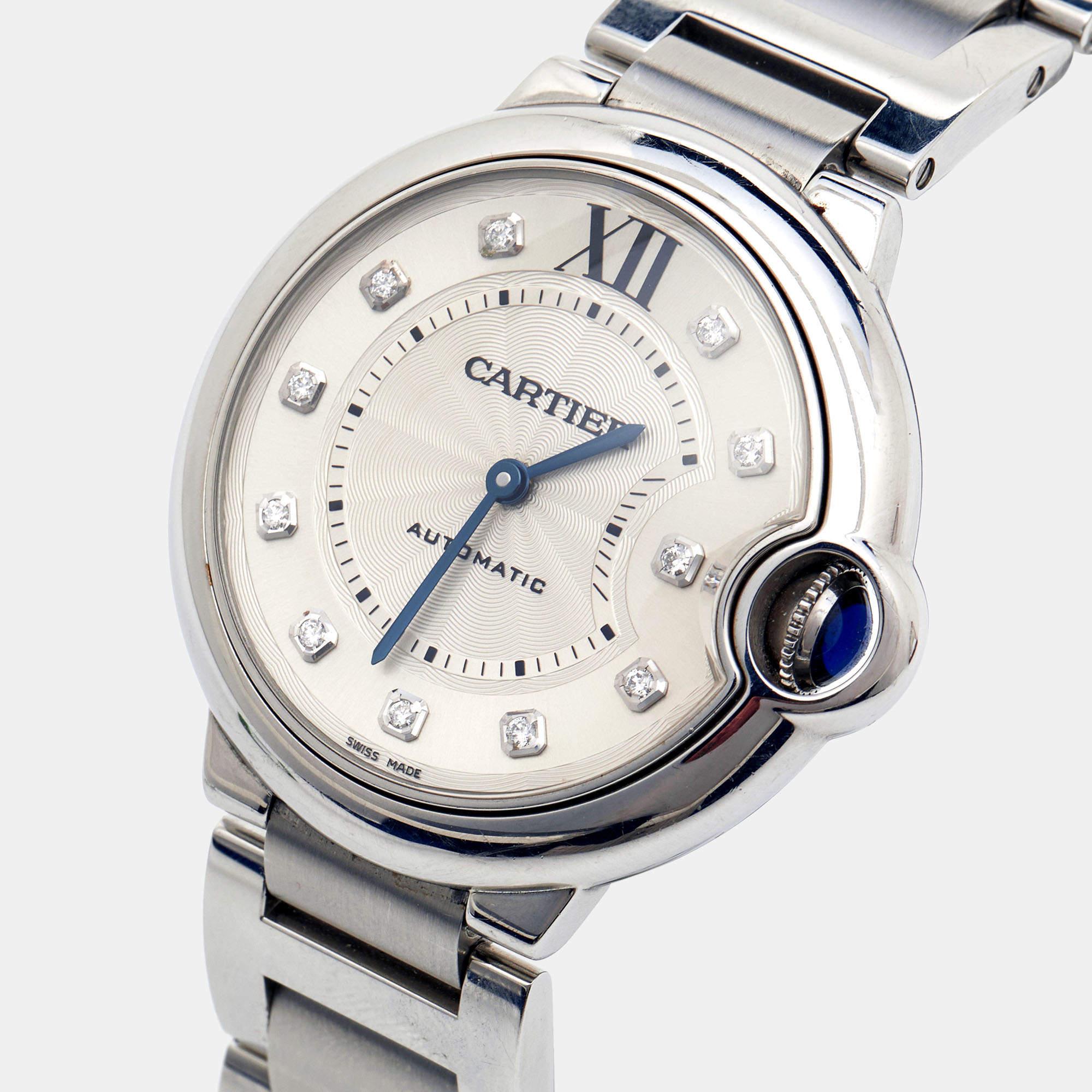 Cartier Silver Diamond Stainless Steel Ballon Bleu Women's Wristwatch 36 mm 4
