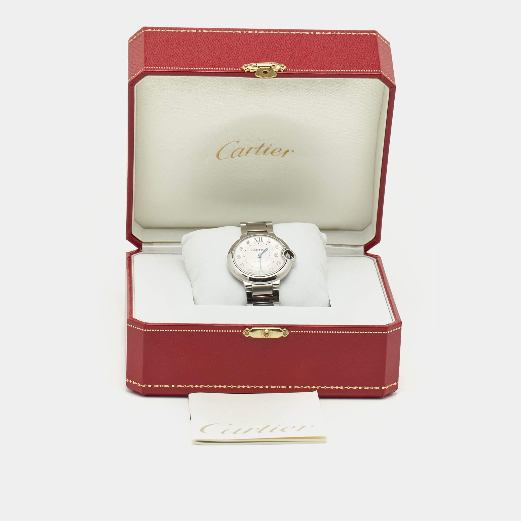Cartier Silver Diamond Stainless Steel Ballon Bleu Women's Wristwatch 36 mm 5