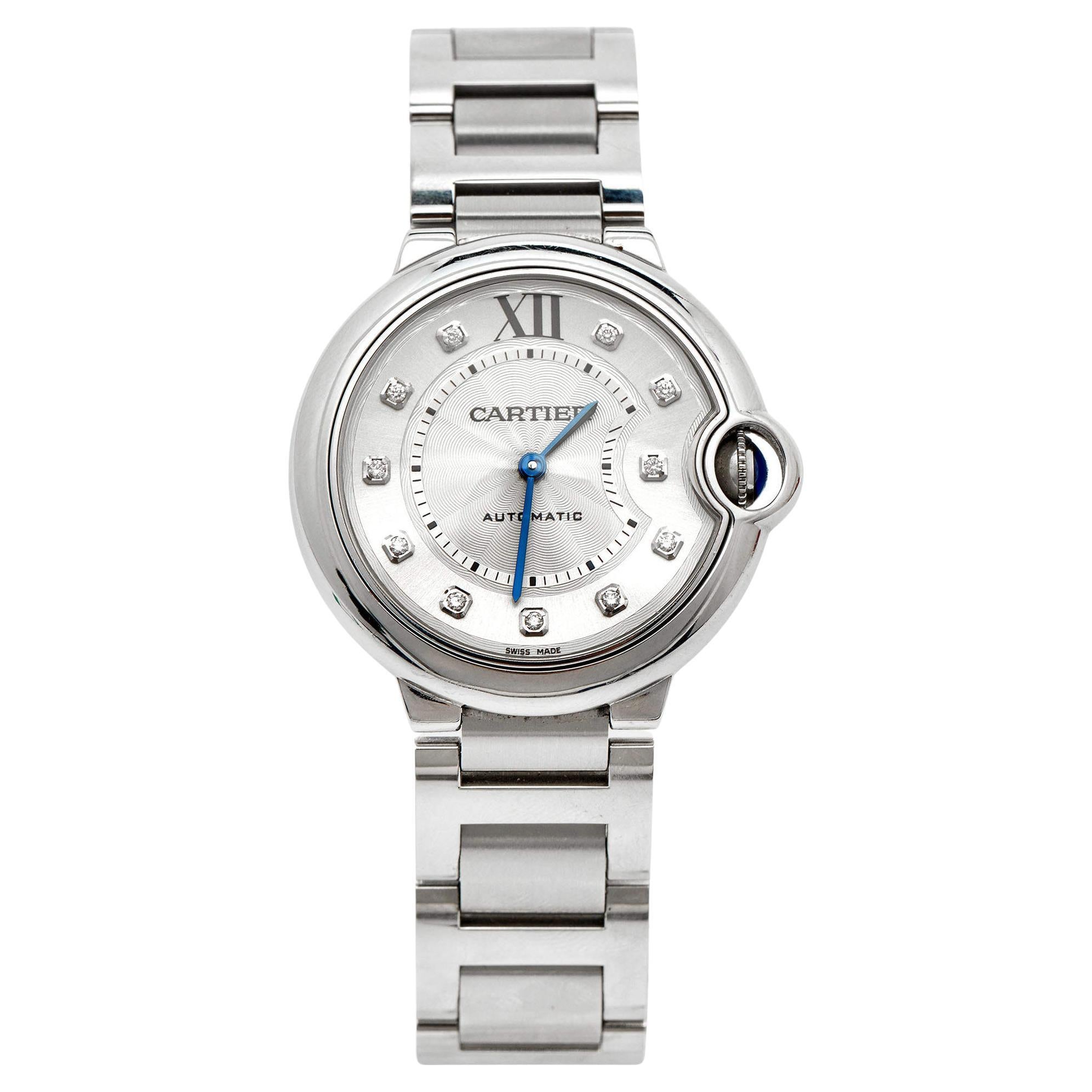 Cartier Silver Diamond Stainless Steel Ballon Bleu Women's Wristwatch 36 mm
