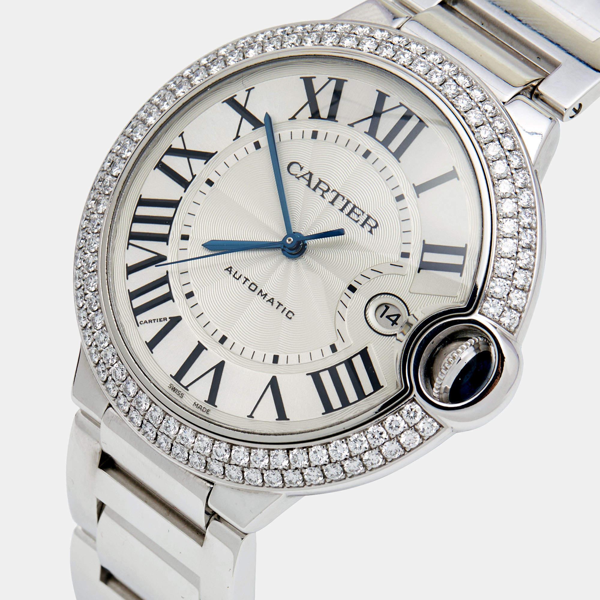 Cartier Silver Diamonds 18k White Gold Ballon Bleu WE9009Z3 Men's Wristwatch 42  1