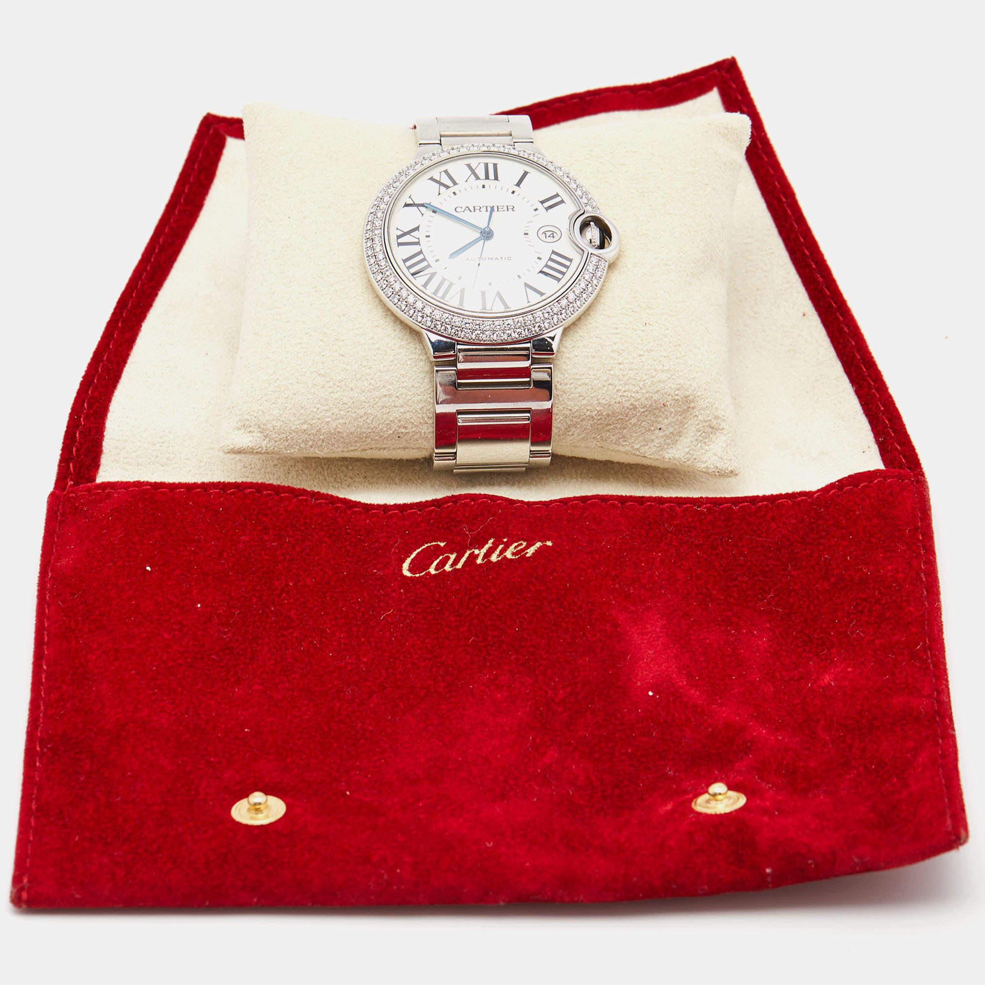 Cartier Silver Diamonds 18k White Gold Ballon Bleu WE9009Z3 Men's Wristwatch 42  6