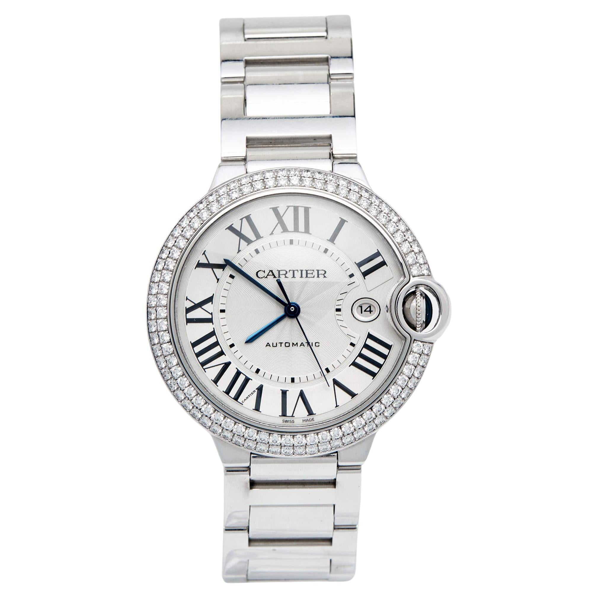 Cartier Silver Diamonds 18k White Gold Ballon Bleu WE9009Z3 Men's Wristwatch 42 