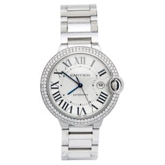 Cartier Silver Diamonds 18k White Gold Ballon Bleu WE9009Z3 Men's Wristwatch 42 