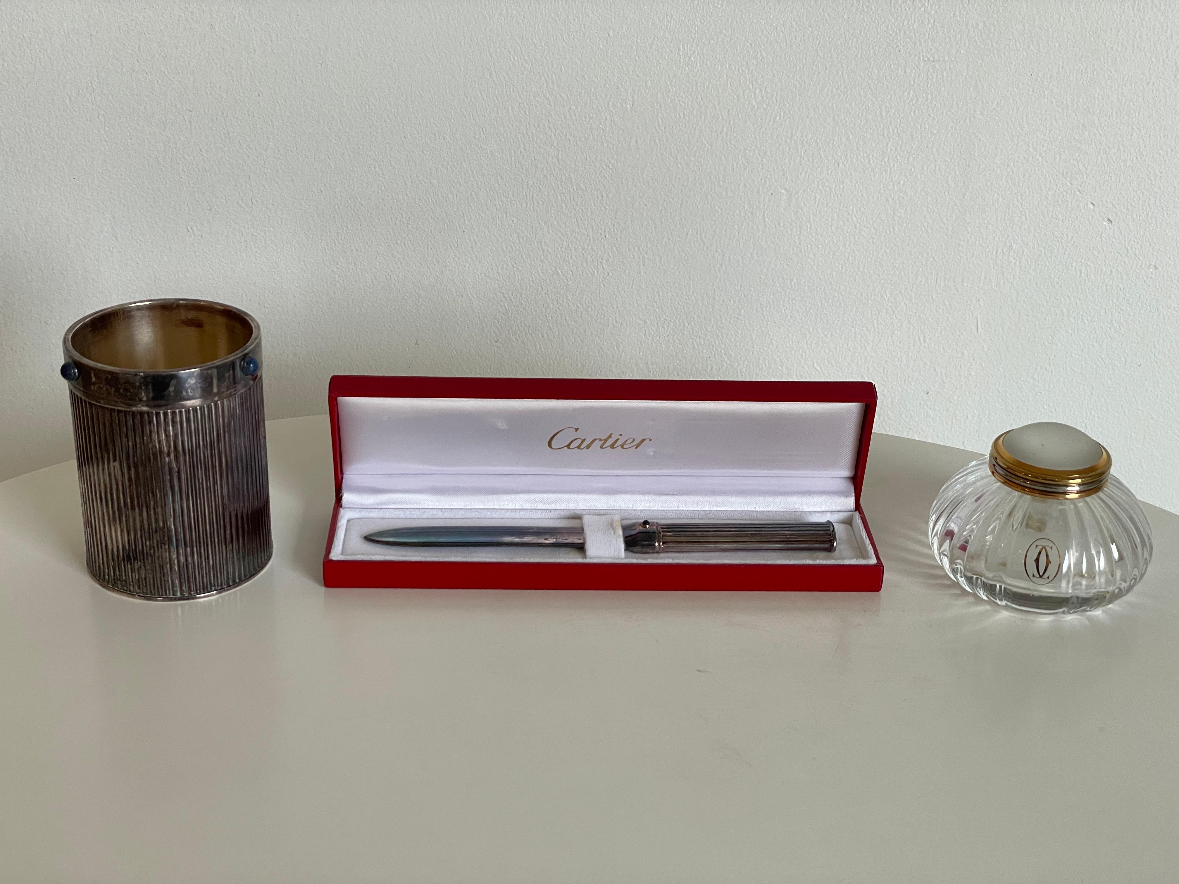 Cartier silver Lapis accented desk set 3 pieces total.
   
