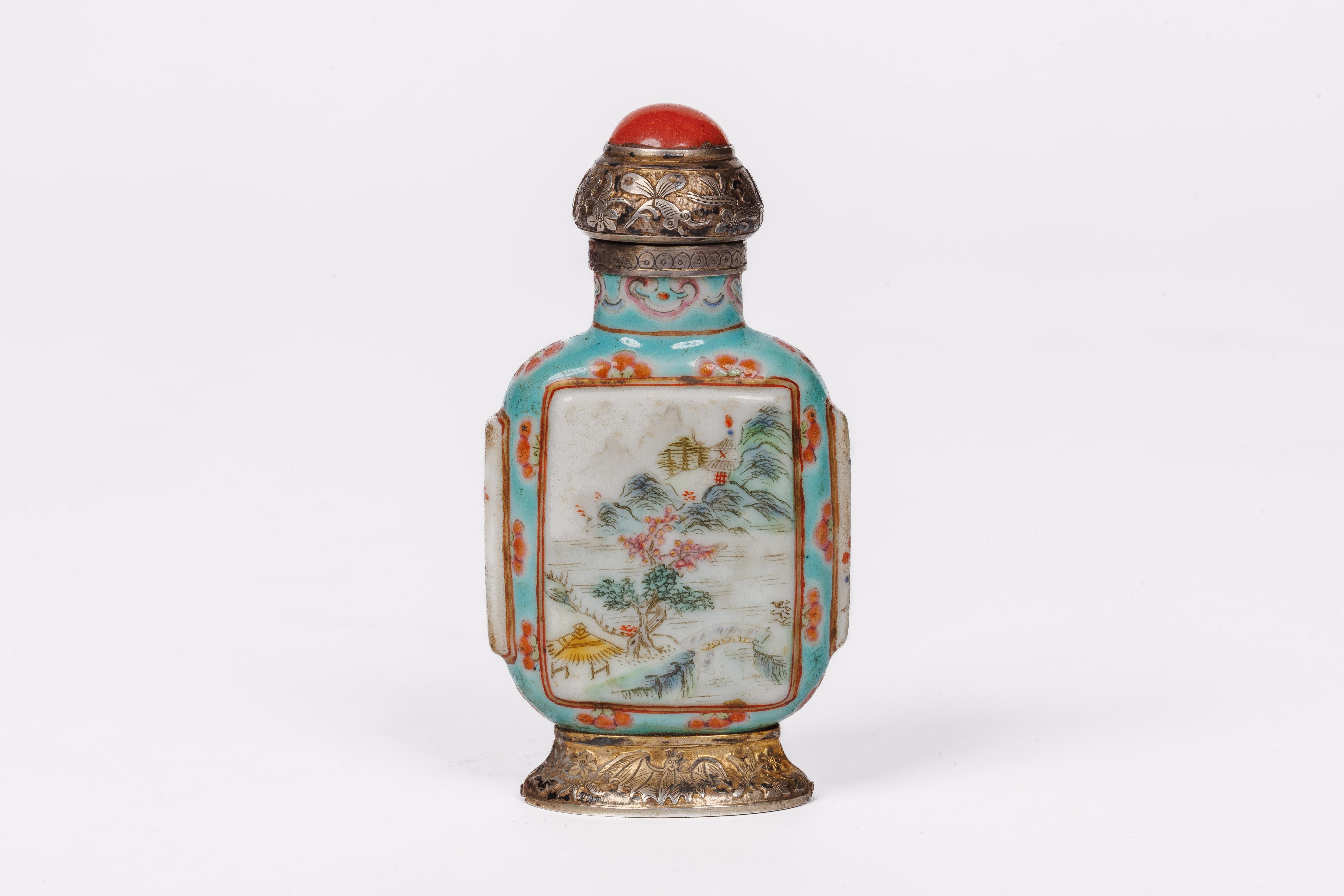 Cartier Silver-Mounted Chinese Porcelain Snuff Bottles in Original Box For Sale 9