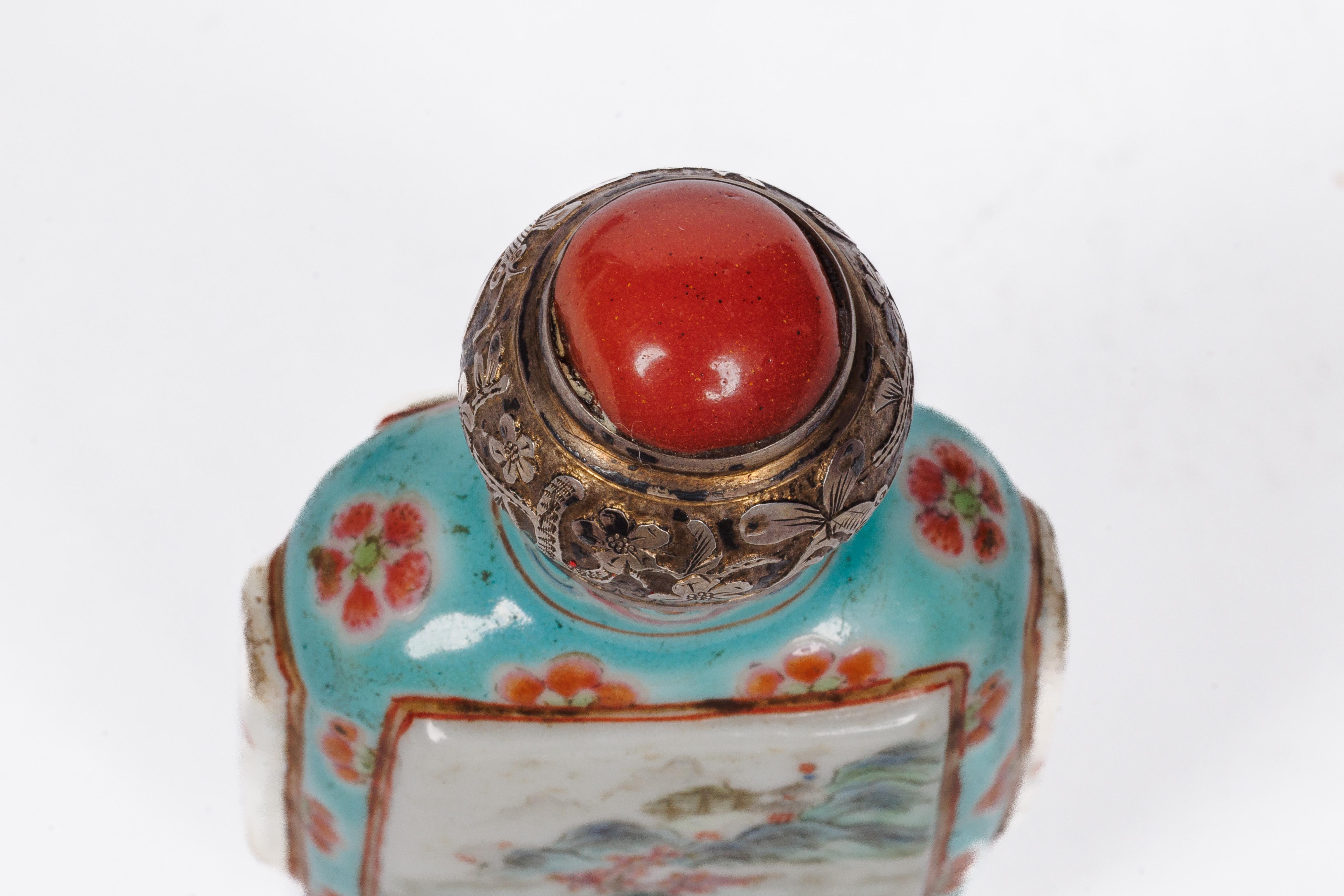 Cartier Silver-Mounted Chinese Porcelain Snuff Bottles in Original Box For Sale 11