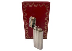 Cartier Silver Plate Godron Pocket Cigarette Lighter & Cartier Box
