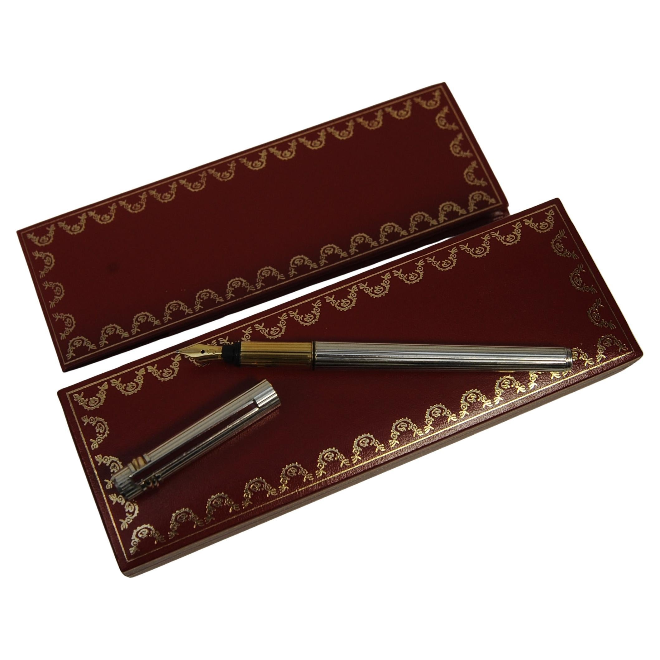 Art Deco Cartier Silver Plated Fountain Pen With 18ct Gold Nib In Cartier Box & Paperwork