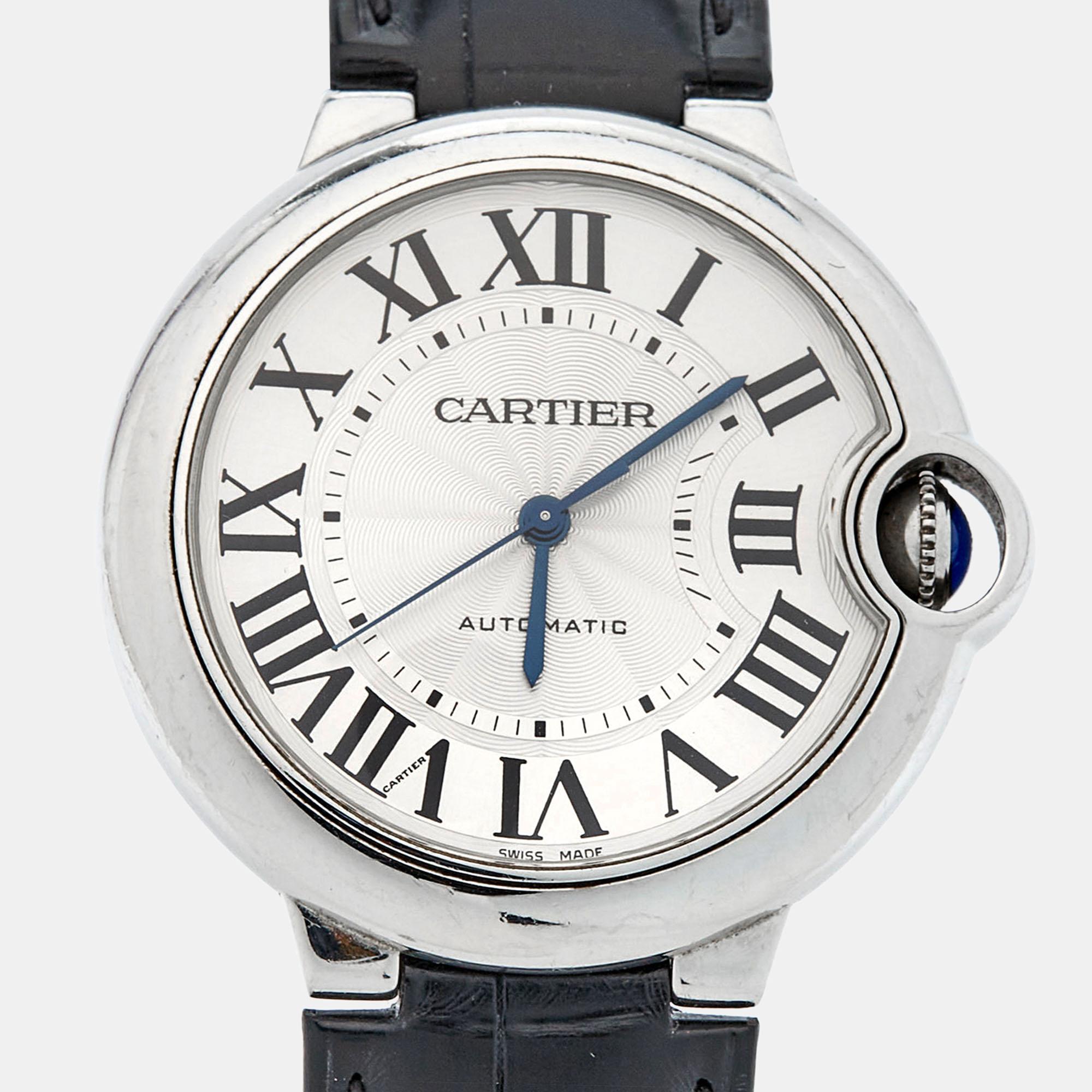 Aesthetic Movement Cartier Silver Stainless Steel Alligator Ballon Bleu WSBB0028 Women's Wristwatch