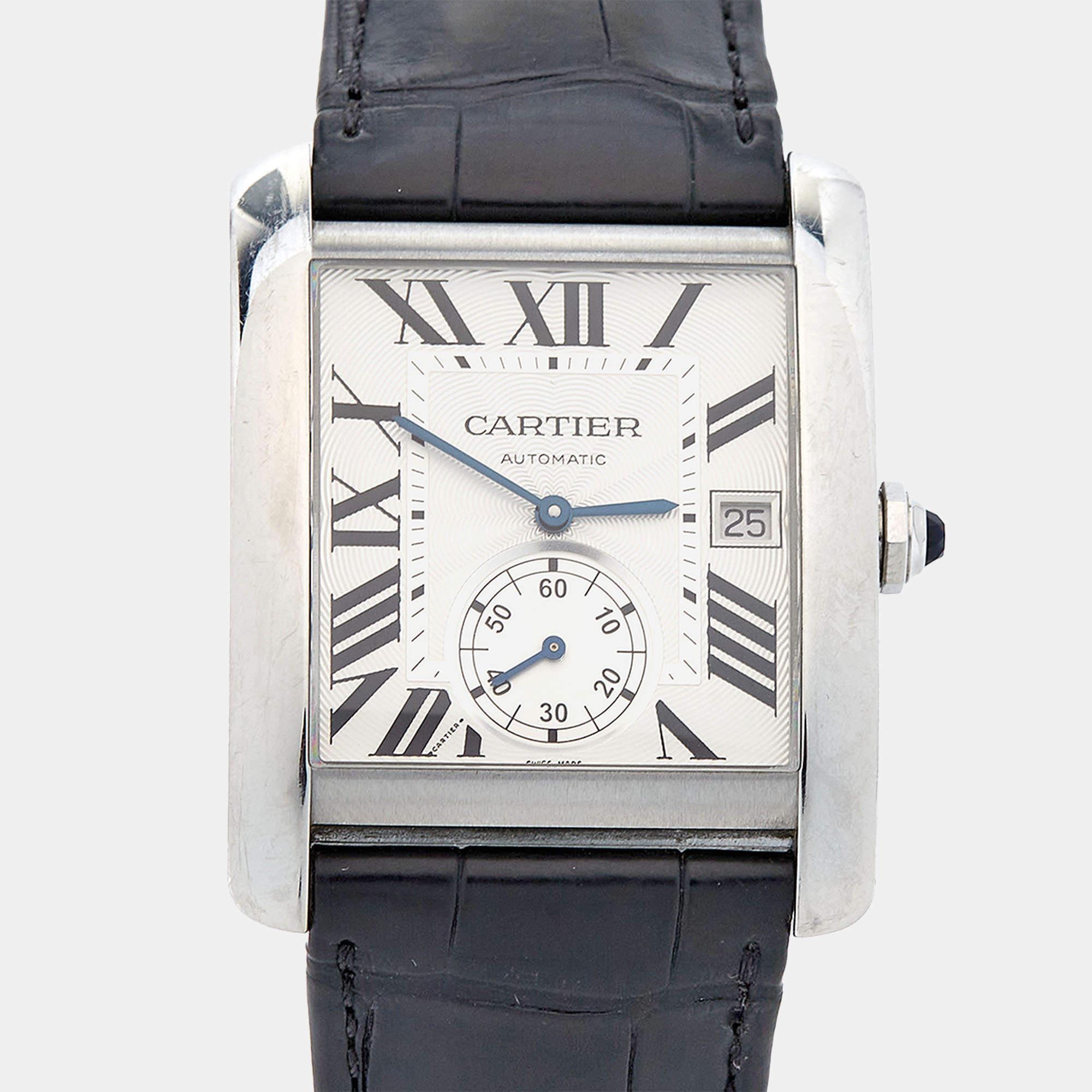 Here's your chance to add Cartier's magnificent Tank MC W5330003 watch to your prized collection of watches. It has a square case in stainless steel, a synthetic cabochon-shaped spinel on the crown, and a black alligator leather bracelet with buckle