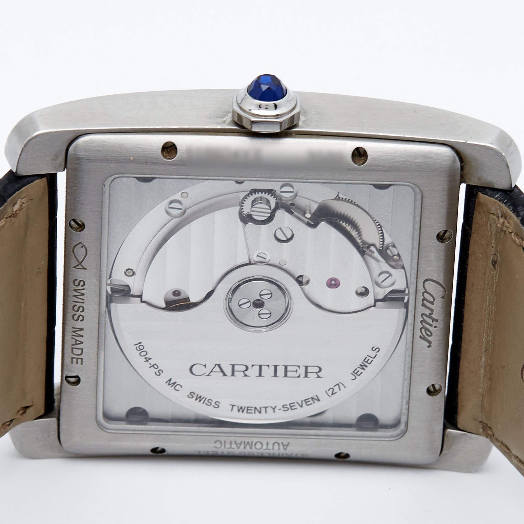 Cartier Silver Stainless Steel Alligator Tank MC W5330003 Men's Wristwatch 35 mm For Sale 1