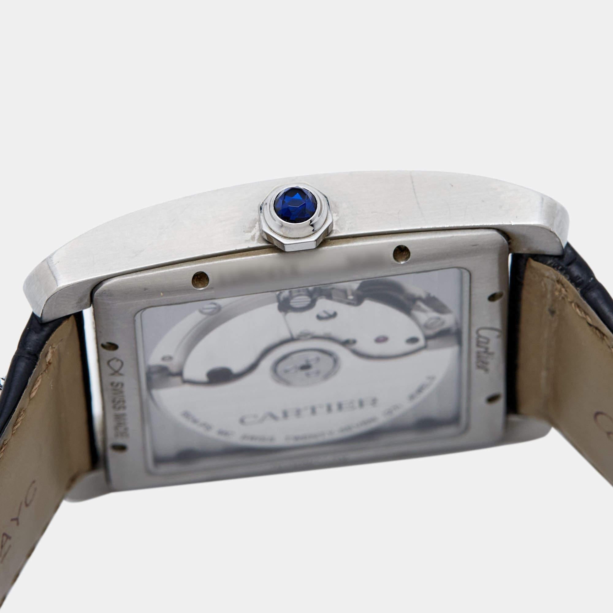 Cartier Silver Stainless Steel Alligator Tank MC W5330003 Men's Wristwatch 35 mm For Sale 2