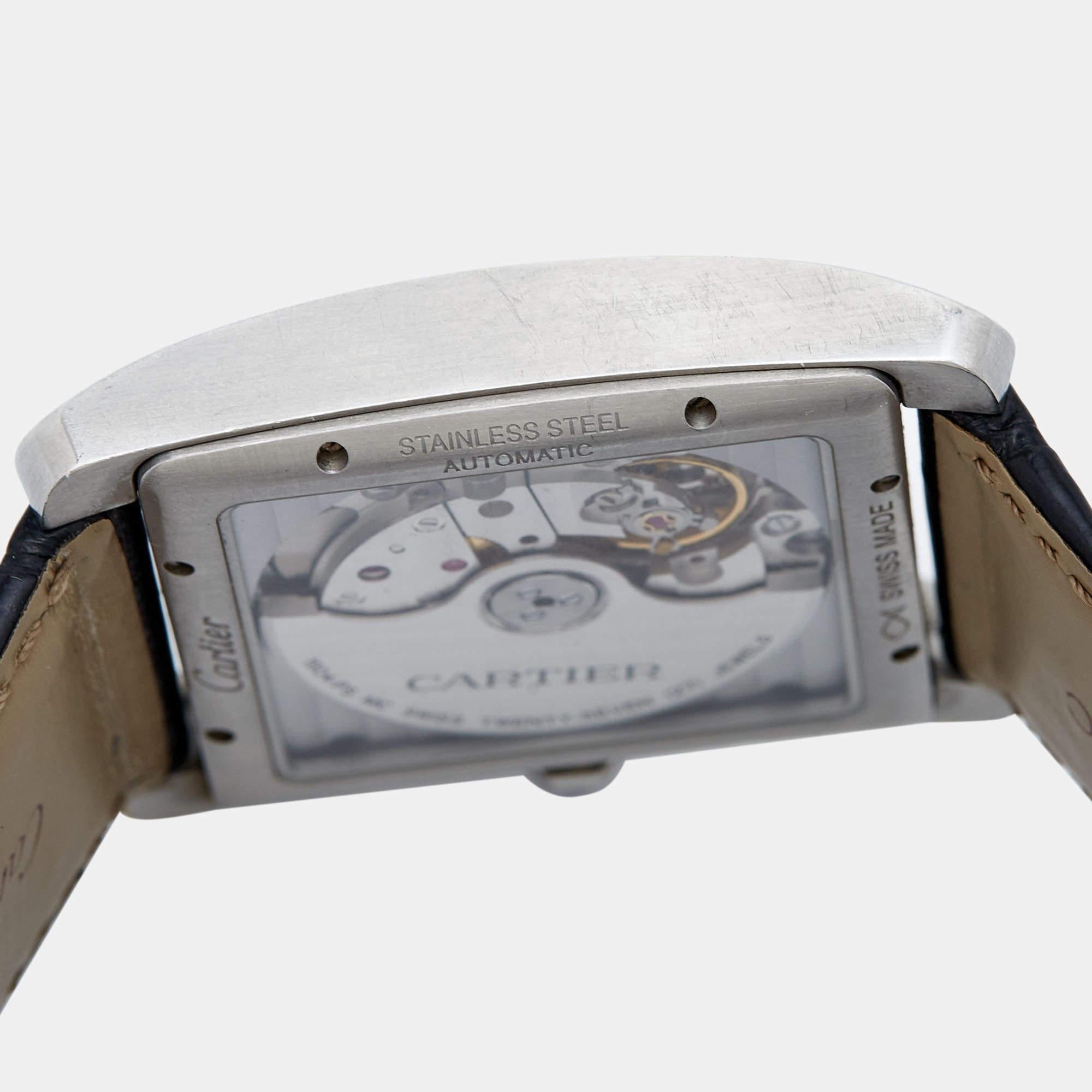 Cartier Silver Stainless Steel Alligator Tank MC W5330003 Men's Wristwatch 35 mm For Sale 3