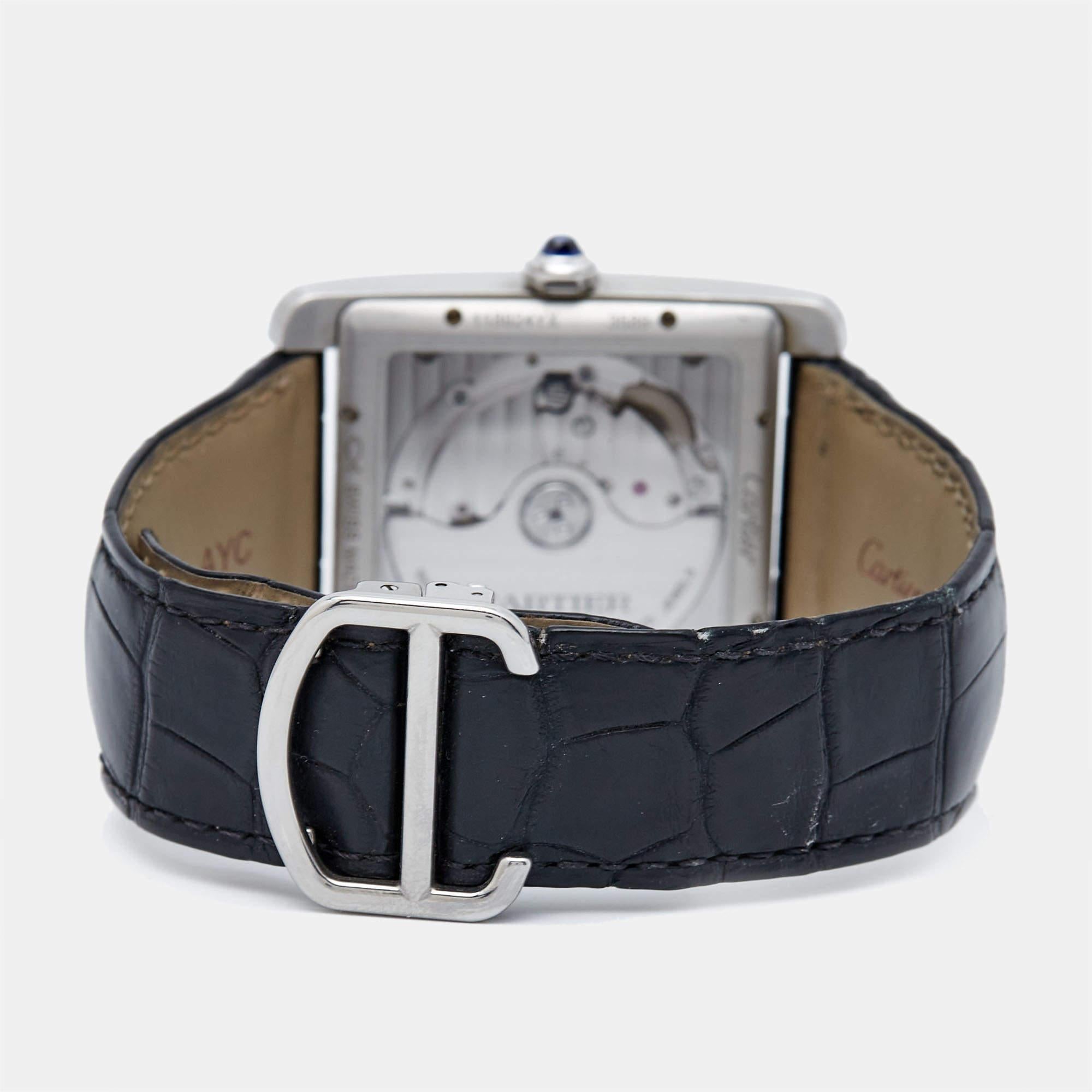 Cartier Silver Stainless Steel Alligator Tank MC W5330003 Men's Wristwatch 35 mm For Sale 4