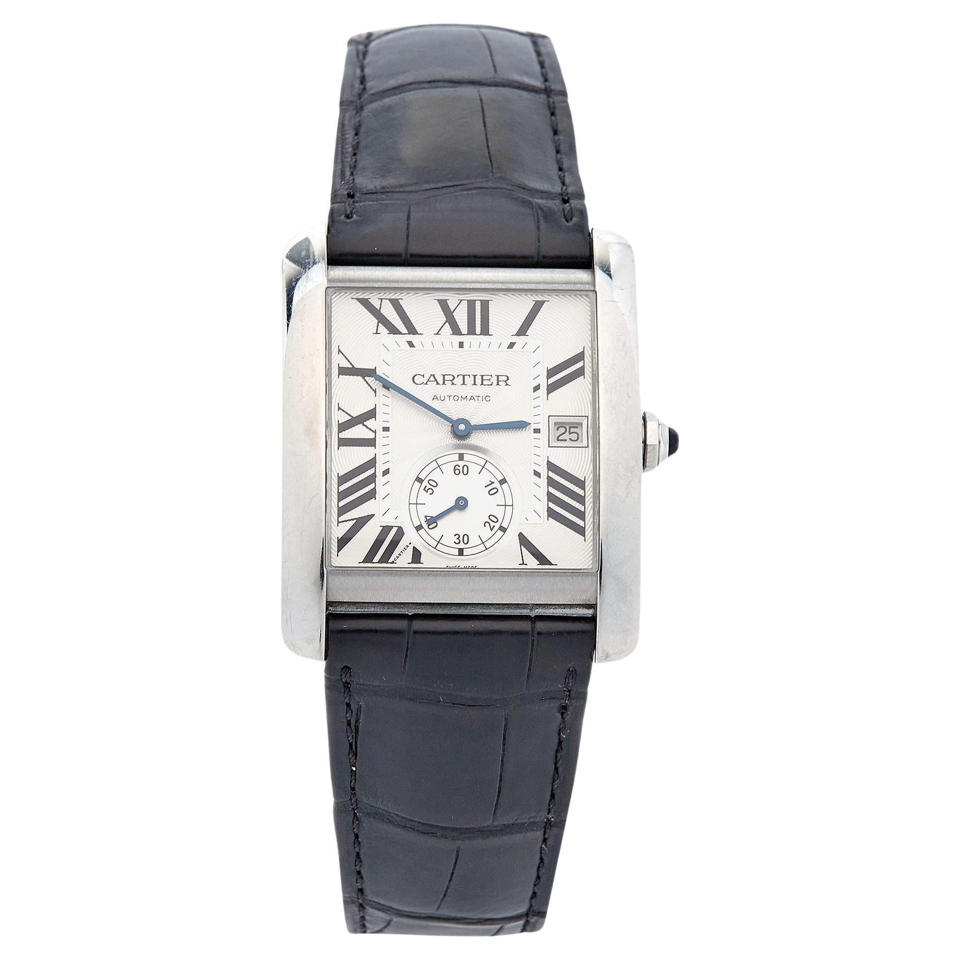 Montre-bracelet pour homme Cartier A Silver Steele Alligator Tank MC W5330003 35 mm en vente