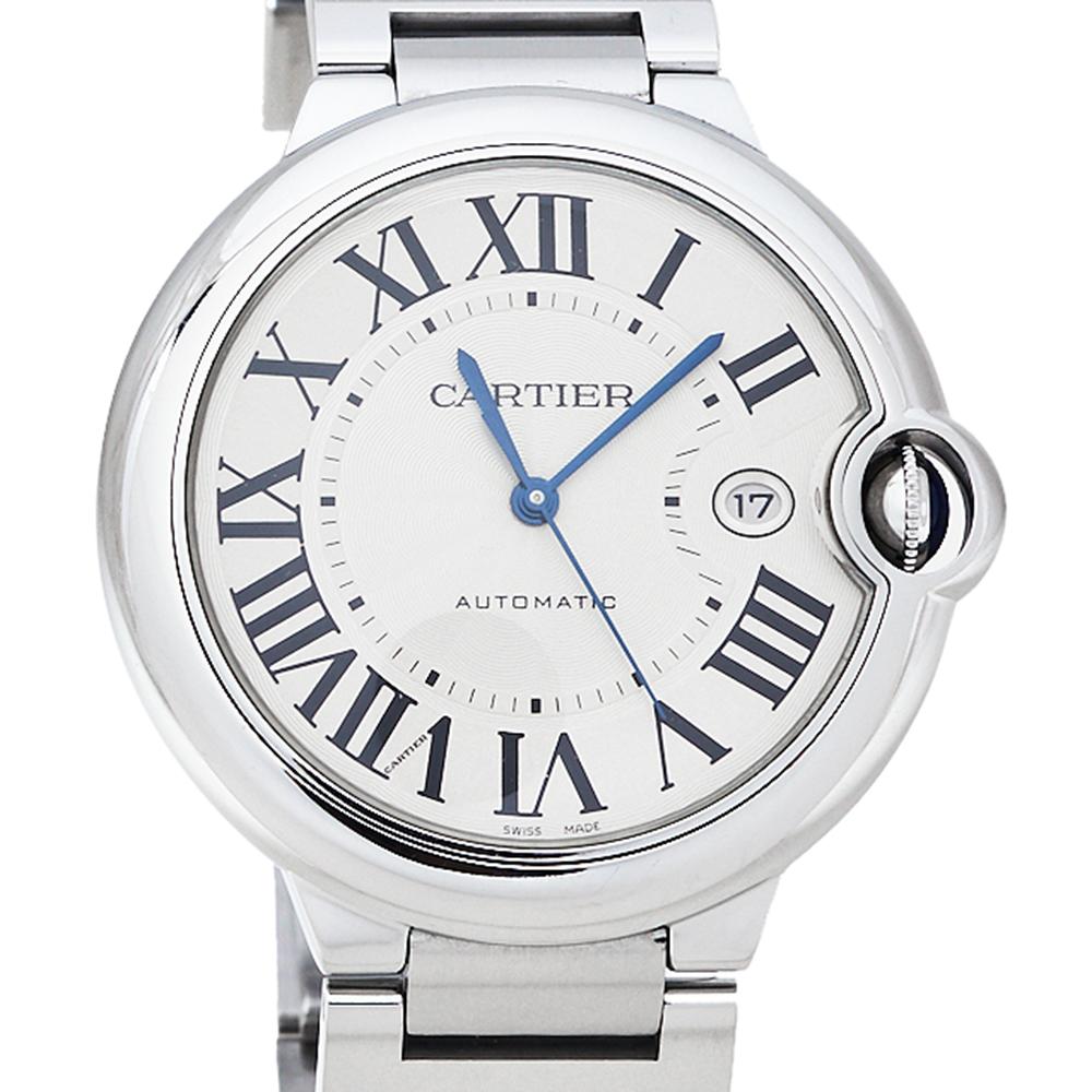 Contemporary Cartier Silver Stainless Steel Ballon Bleu 3001 Men's Wristwatch 42 mm