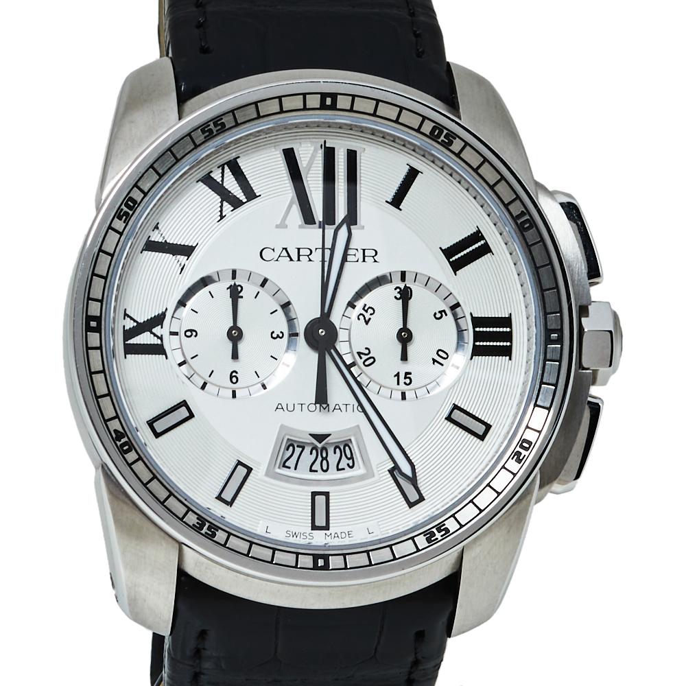 Cartier Silver Stainless Steel Calibre De Cartier Men's Wristwatch 42 MM In Good Condition In Dubai, Al Qouz 2