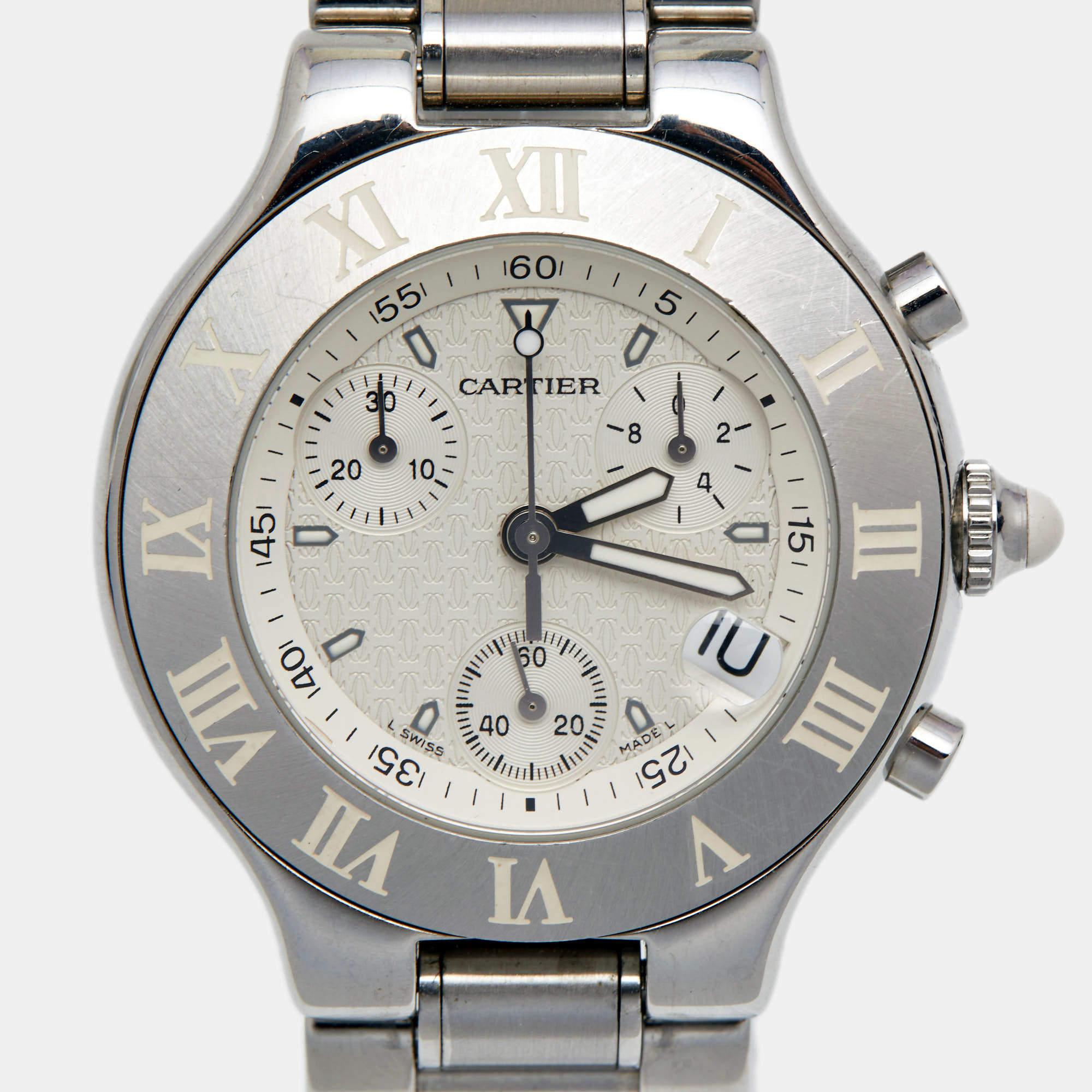 Cartier Silver Stainless Steel Chronoscaph 21 2424 Unisex Wristwatch 38 mm In Good Condition In Dubai, Al Qouz 2