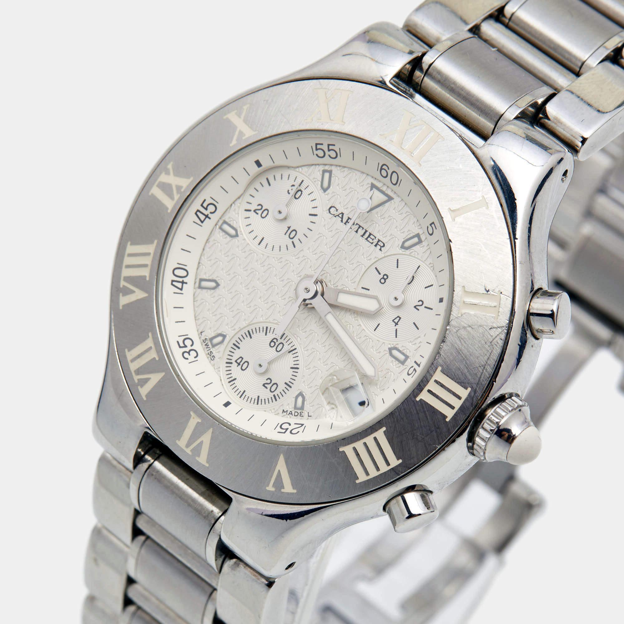 Men's Cartier Silver Stainless Steel Chronoscaph 21 2424 Unisex Wristwatch 38 mm