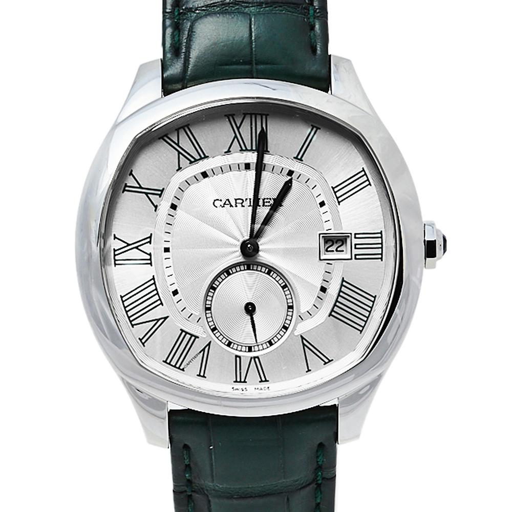 Cartier Silver Stainless Steel & Leather Drive CRWSNM0010 Men's Wristwatch 41 mm In Good Condition In Dubai, Al Qouz 2