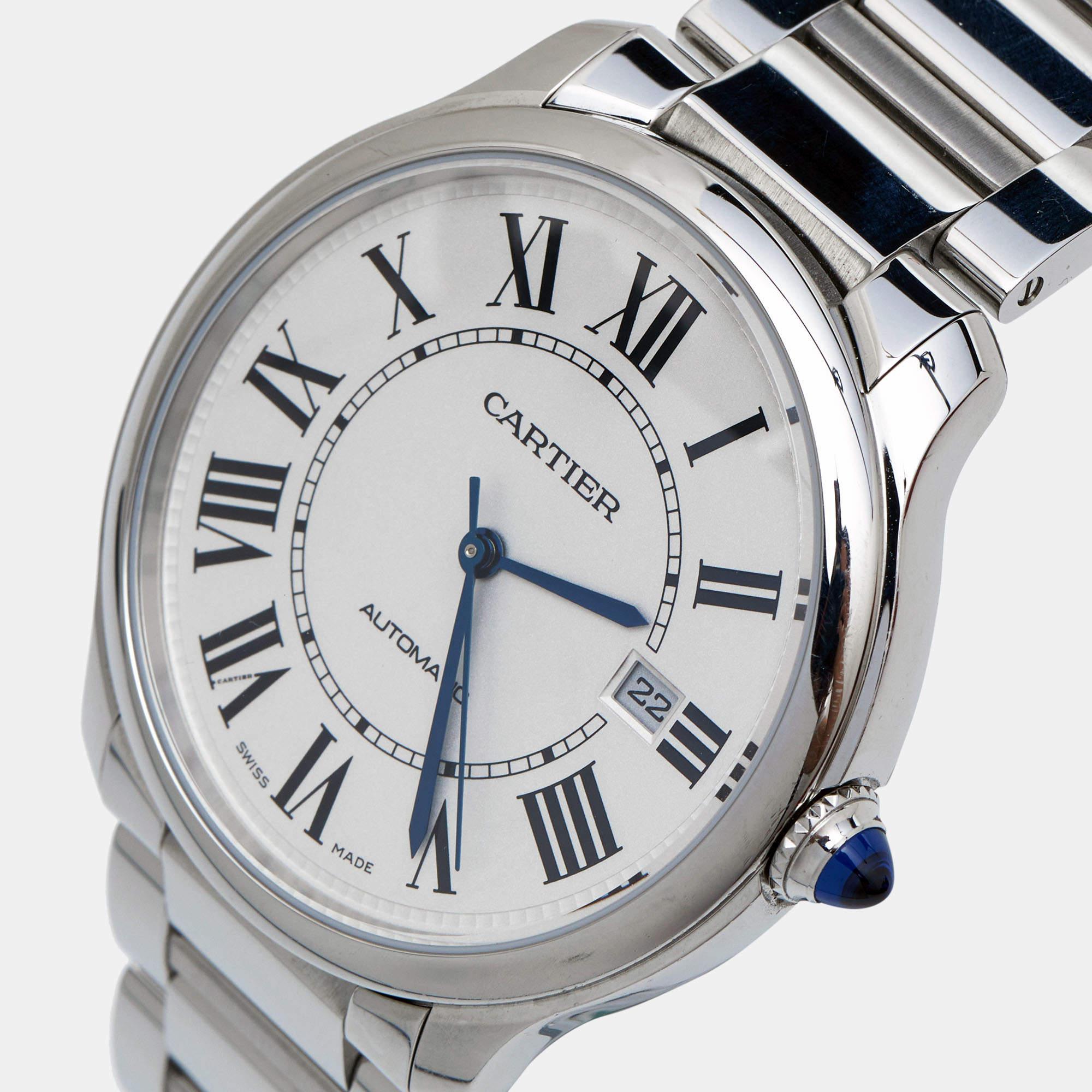 The Cartier Ronde Must WSRN0035 watch is a luxurious timepiece that exudes elegance and sophistication. This wristwatch features a sleek stainless steel case with a silver finish, enhancing its timeless appeal. The minimalist silver dial showcases