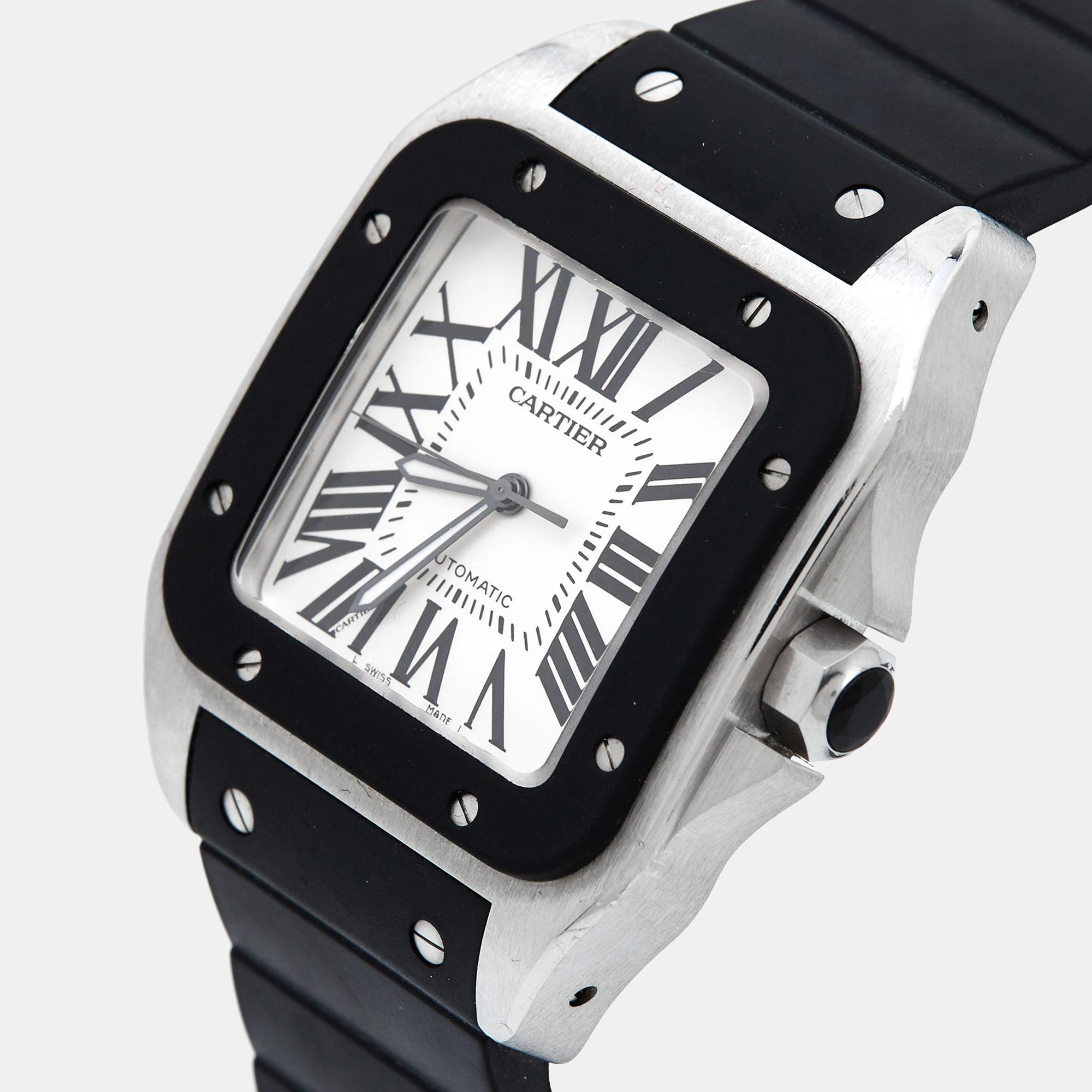 Cartier Silver Stainless Steel Rubber Santos 100 W20121U2 Men's Wristwatch 38 mm In Good Condition In Dubai, Al Qouz 2
