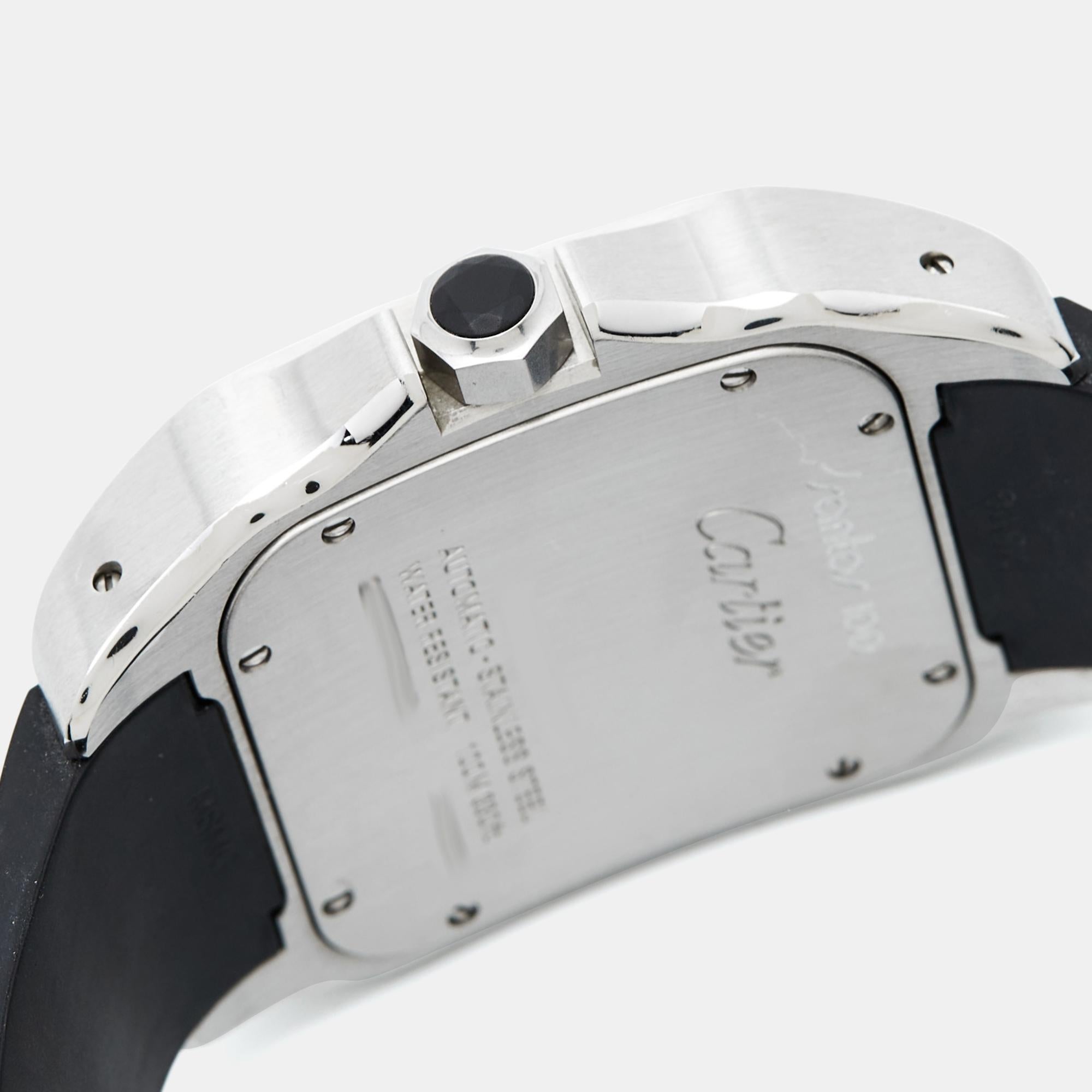 Cartier Silver Stainless Steel Rubber Santos 100 W20121U2 Men's Wristwatch 38 mm 1