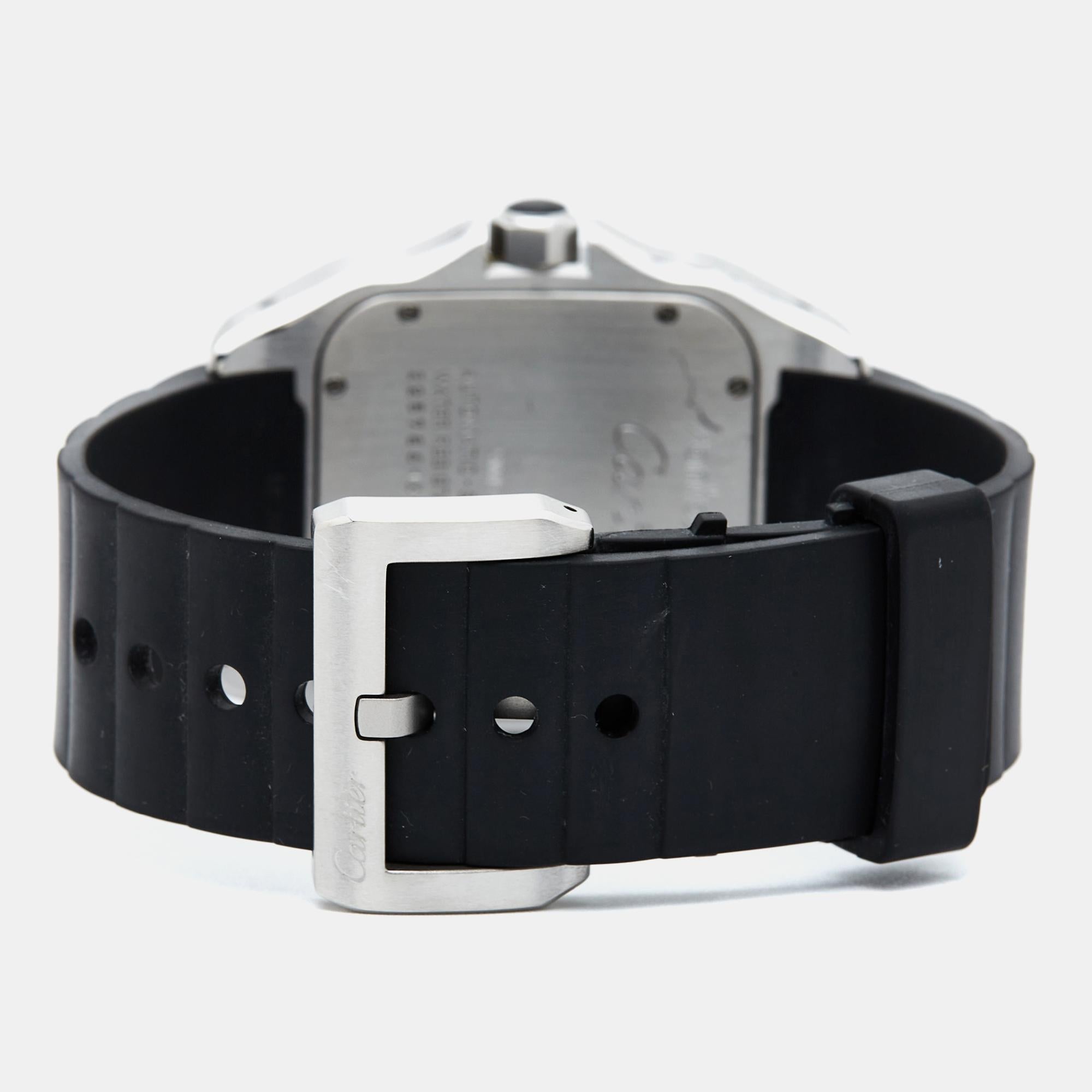 Cartier Silver Stainless Steel Rubber Santos 100 W20121U2 Men's Wristwatch 38 mm 4