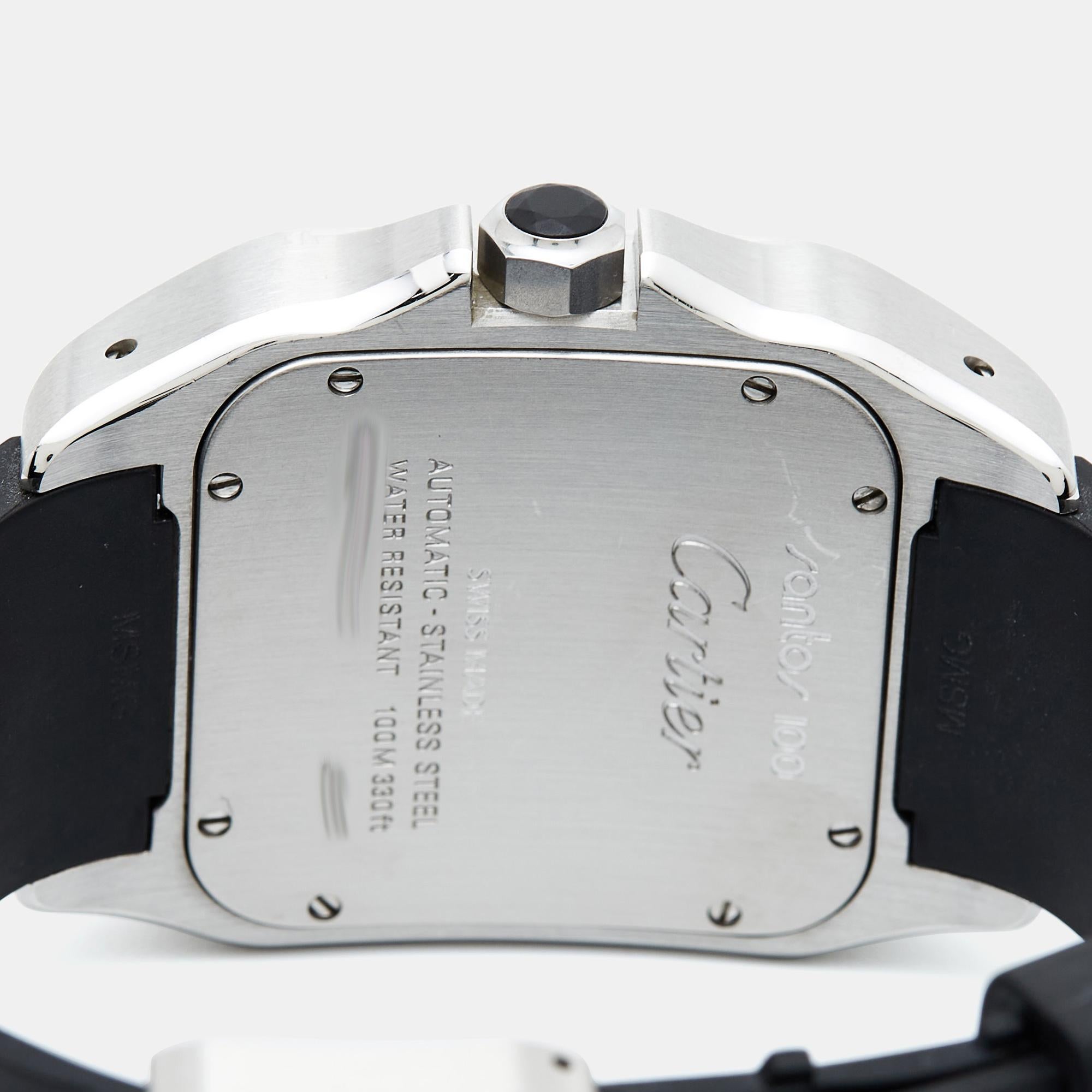 Cartier Silver Stainless Steel Rubber Santos 100 W20121U2 Men's Wristwatch 38 mm 6