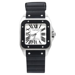 Cartier Silver Stainless Steel Rubber Santos 100 W20121U2 Men's Wristwatch 38 mm
