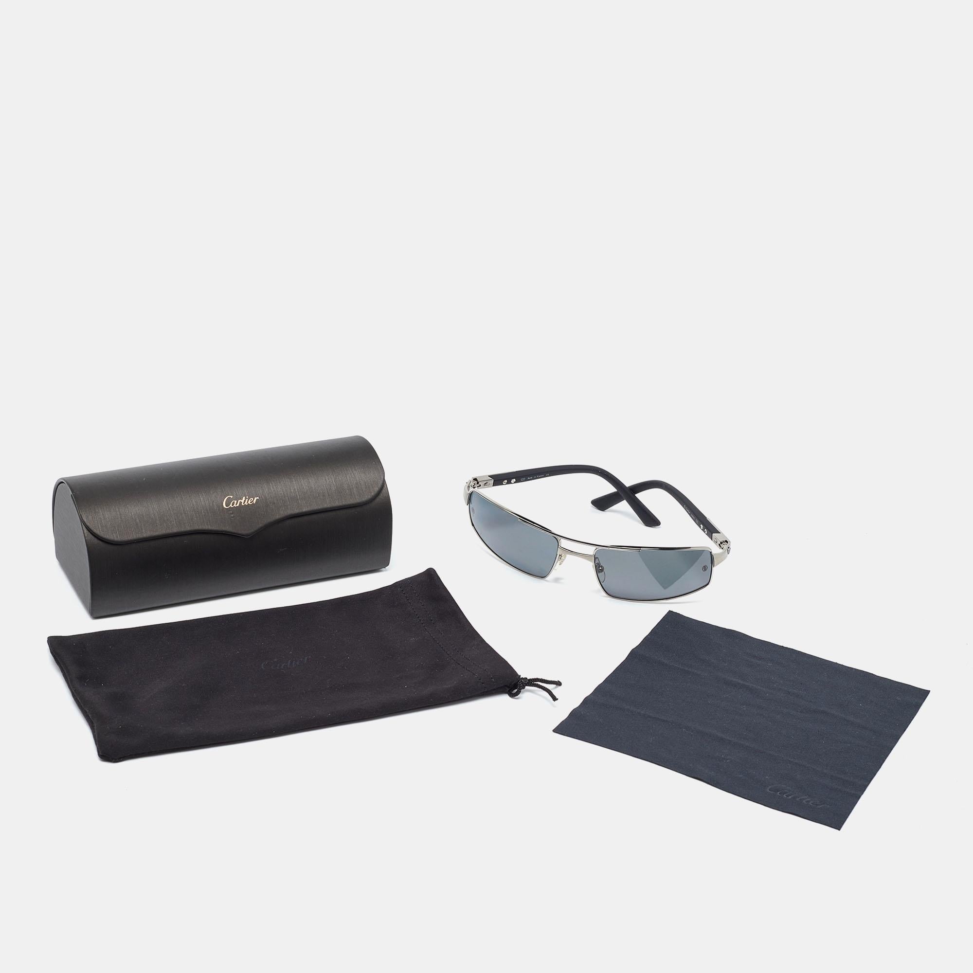 Cartier Silver Tone/Grey Santos Galaxy Rectangle Sunglasses In Excellent Condition In Dubai, Al Qouz 2