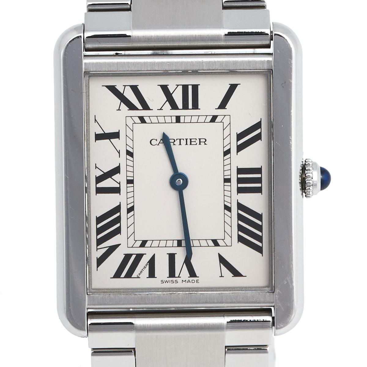 Cartier Silver White Stainless Steel Tank Solo 3169 Unisex Wristwatch 27 mm 1