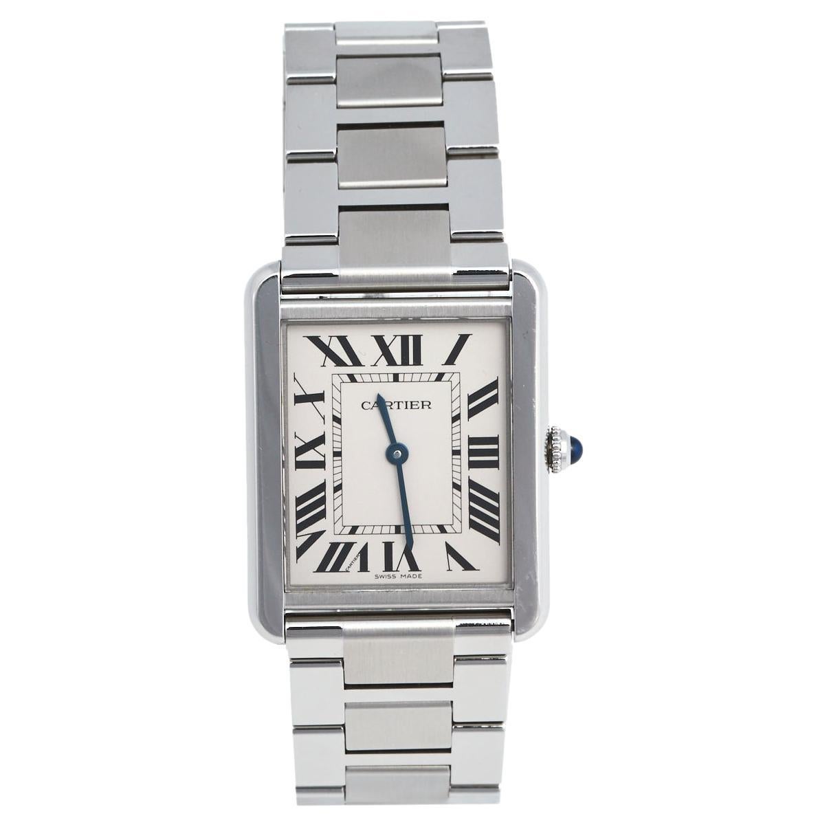 Cartier Silver White Stainless Steel Tank Solo 3169 Unisex Wristwatch 27 mm
