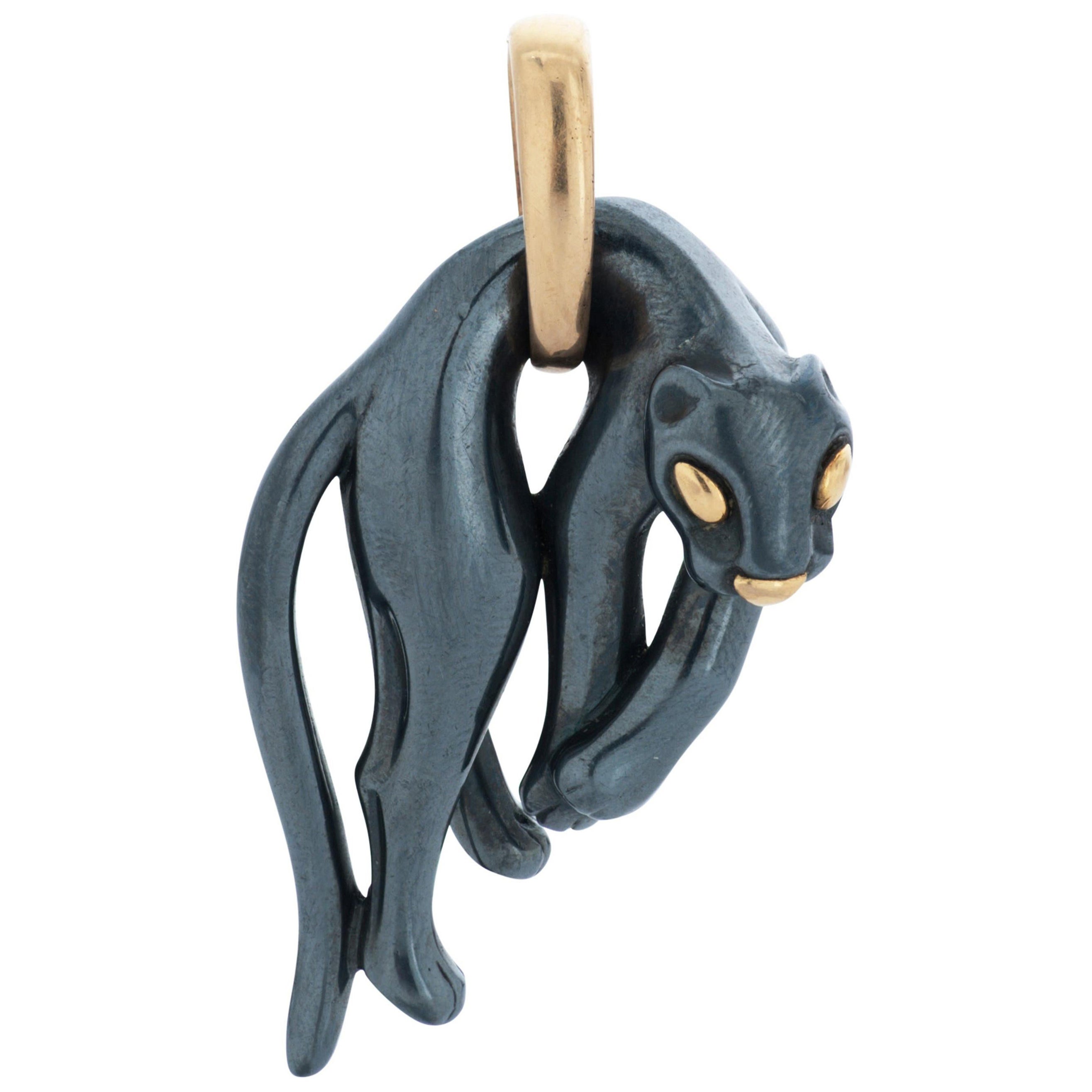 Ciondolo a forma di pantera pendente in argento e oro giallo 18 carati con marchio francese di Cartier