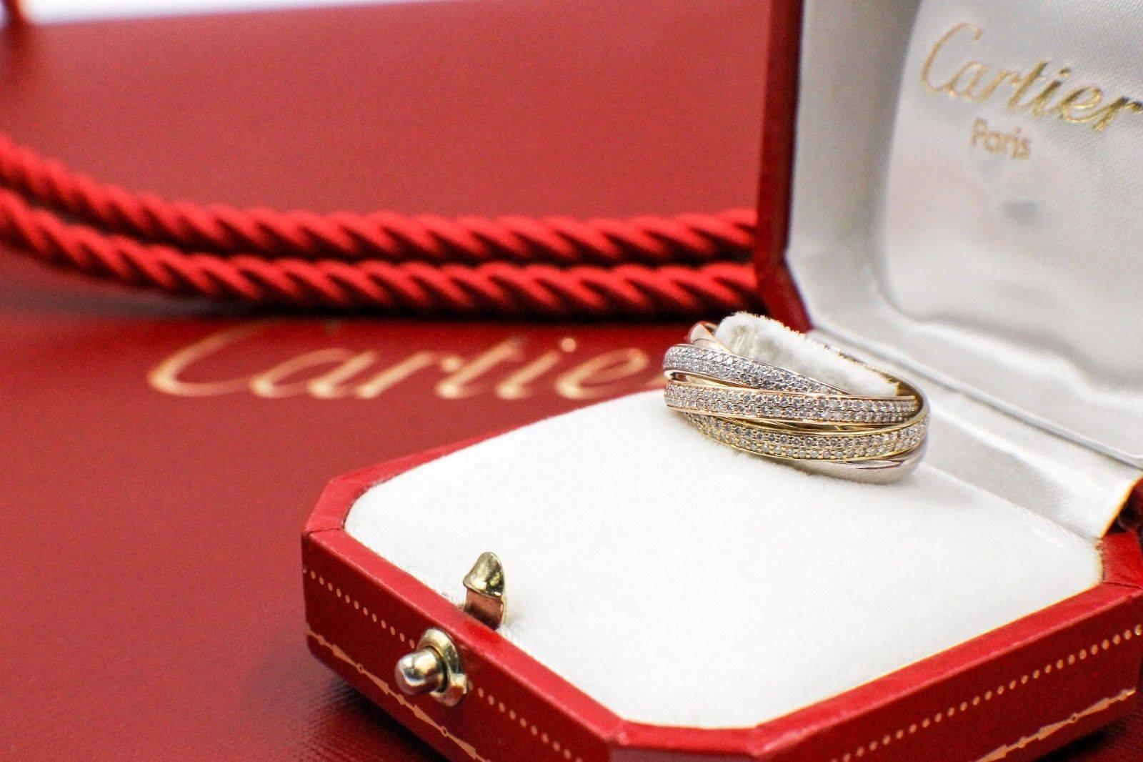 Round Cut Cartier Six Row Trinity Pave Diamond Wedding Ring 18 Karat Rose and White Gold