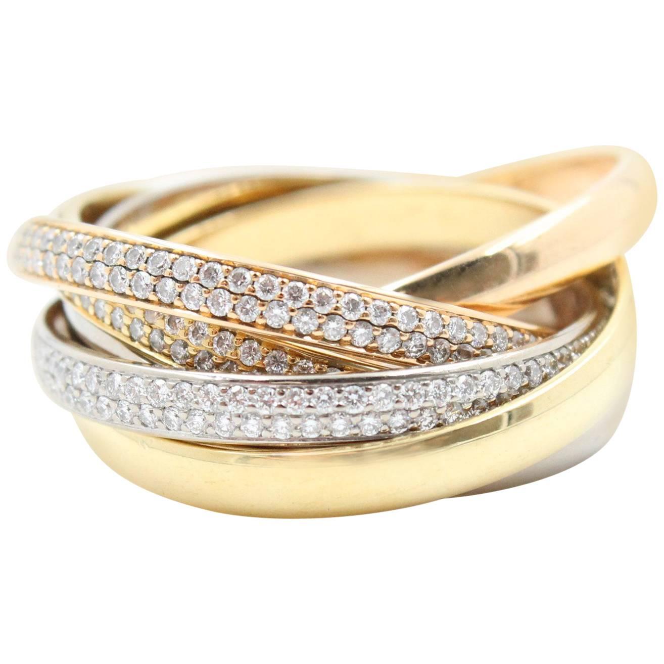 Cartier Six Row Trinity Pave Diamond Wedding Ring 18 Karat Rose and White Gold