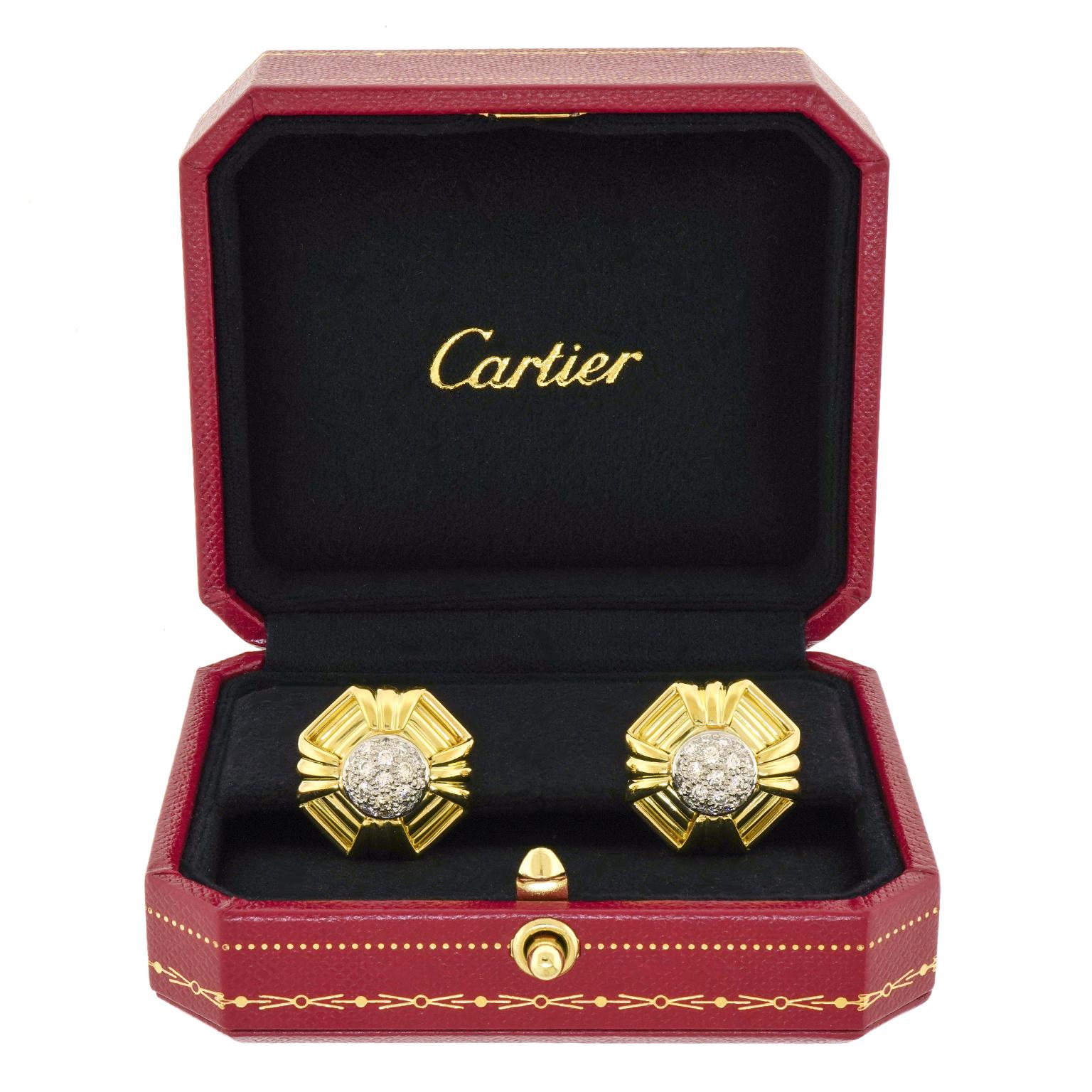 Round Cut Cartier Sixties Diamond and Gold Earrings For Sale