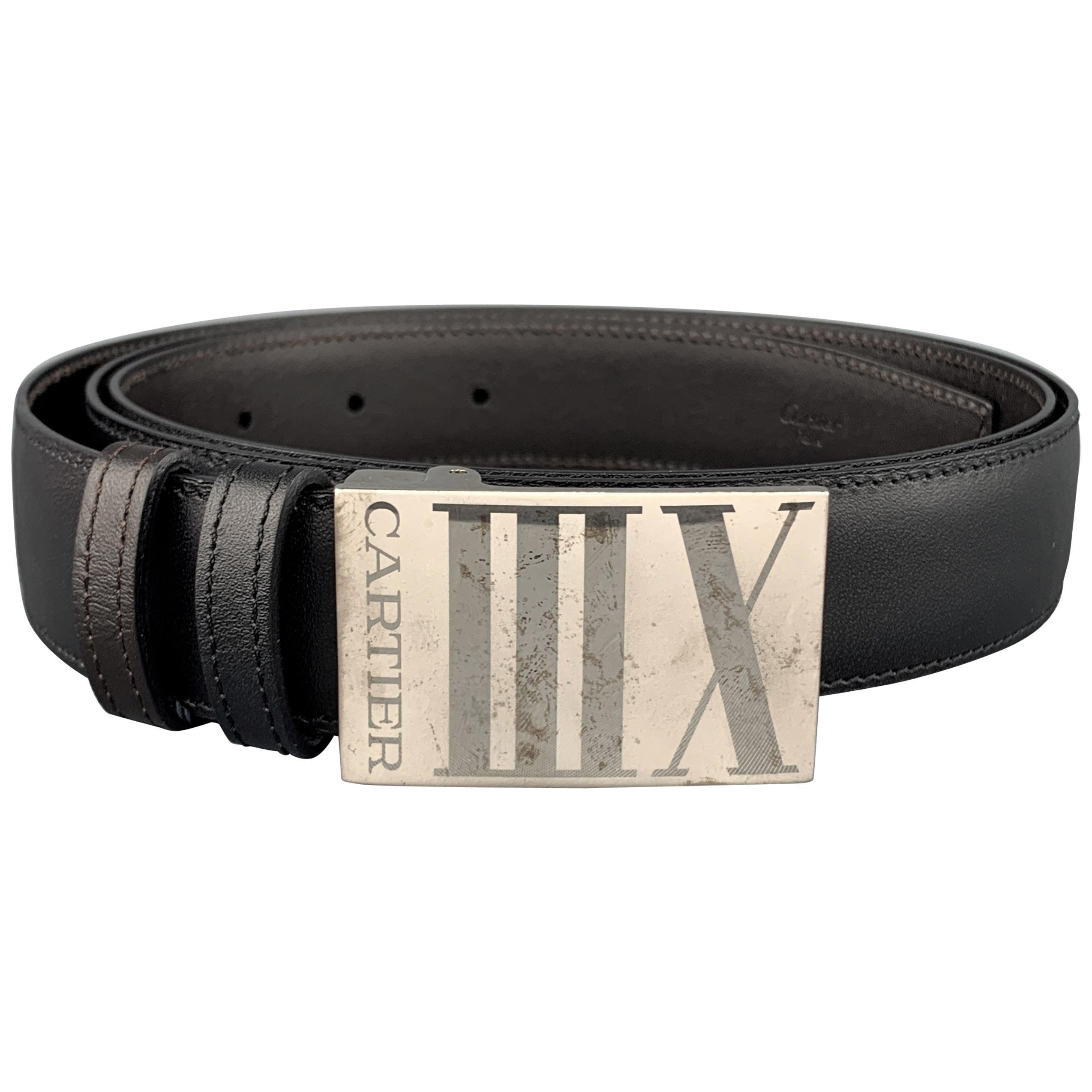 CARTIER Size Black & Brown Leather Reversible Silver Tone XIII Belt