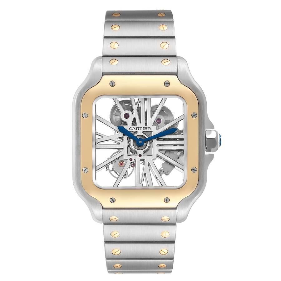 Cartier Skeleton Horloge Santos Steel Yellow Gold Watch WHSA0019 Box Card. Manual winding winding movement. Calibre 9611 MC. Stainless steel case 40.0 X 40.0 mm. Stainless steel protected octagonal crown set with the faceted sapphire. Exhibition