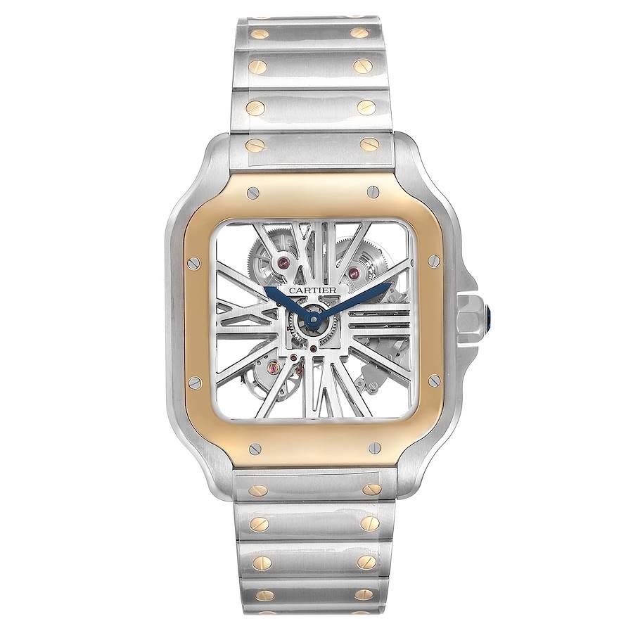 Cartier Skeleton Horloge Santos Steel Yellow Gold Watch WHSA0019 Papiers de la boîte. Mouvement de remontage manuel. Calibre 9611 MC. Boîtier en acier inoxydable 40,0 X 40,0 mm. Couronne octogonale protégée en acier inoxydable, sertie du saphir