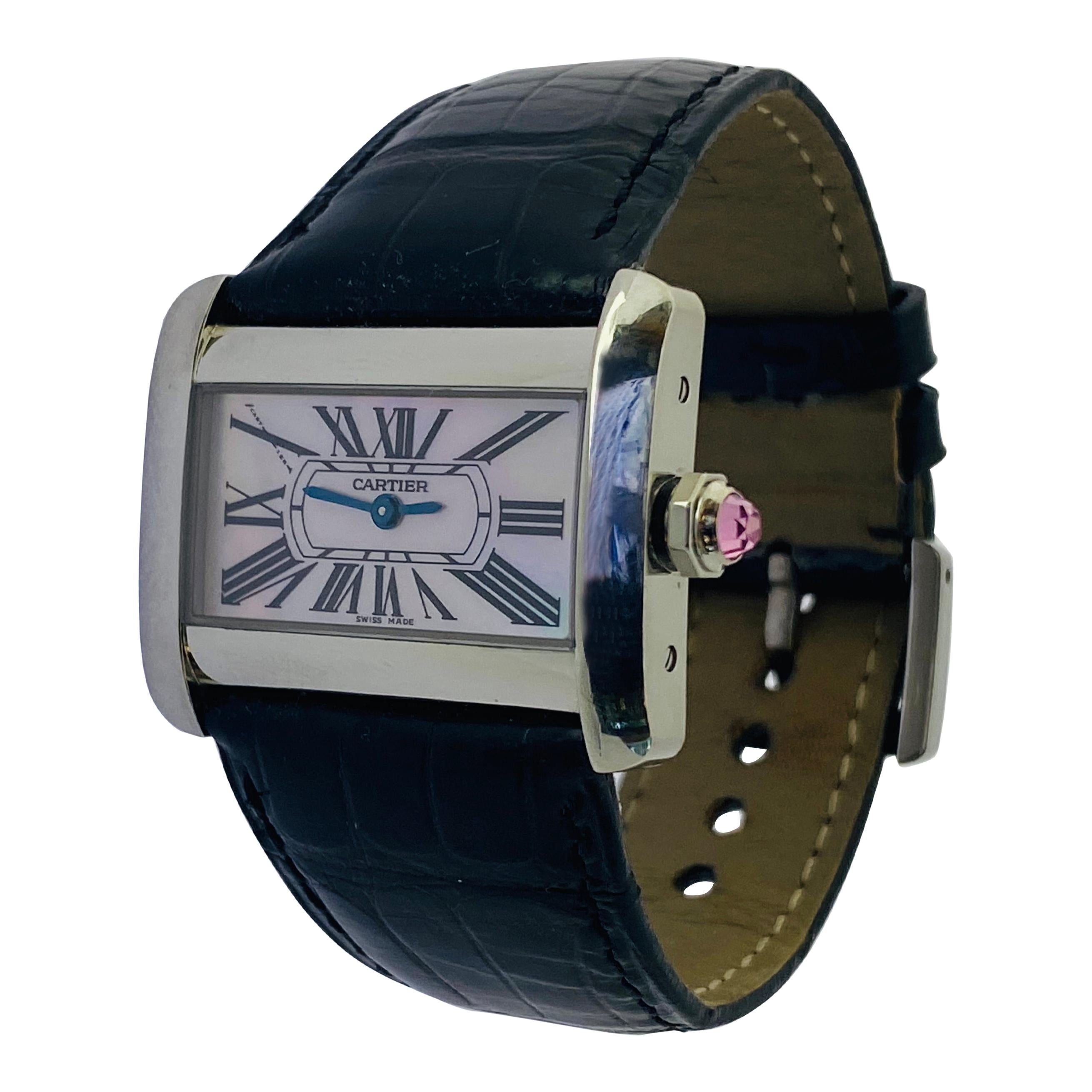 Cartier: Stahl-Quarz-Uhr #2599 mit rosa Cabochon-Zifferblatt und Perlmutt-Zifferblatt von Cartier im Angebot